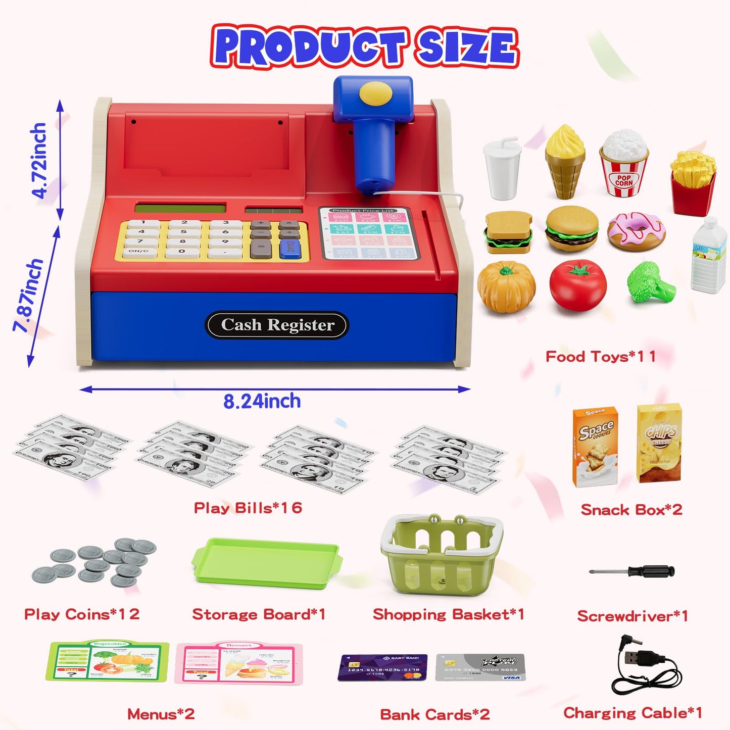 Wee Wonders Wooden Cash Register for Kids with Real Calculator – Rechargeable Toy with Scanner & Menu (Blue)