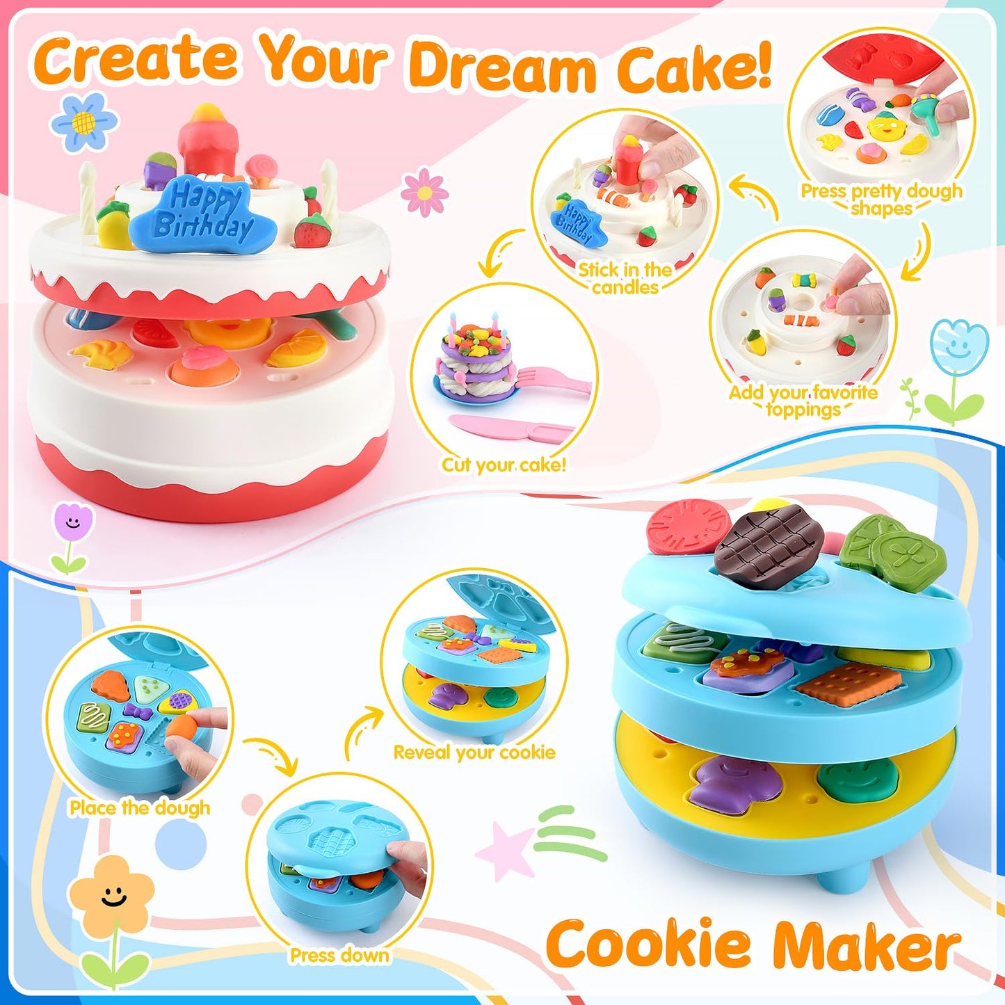 WeeHomm 5-in-1 Color Dough Sets for Kids 3+ | Ice Cream, Cake, Noodles & More