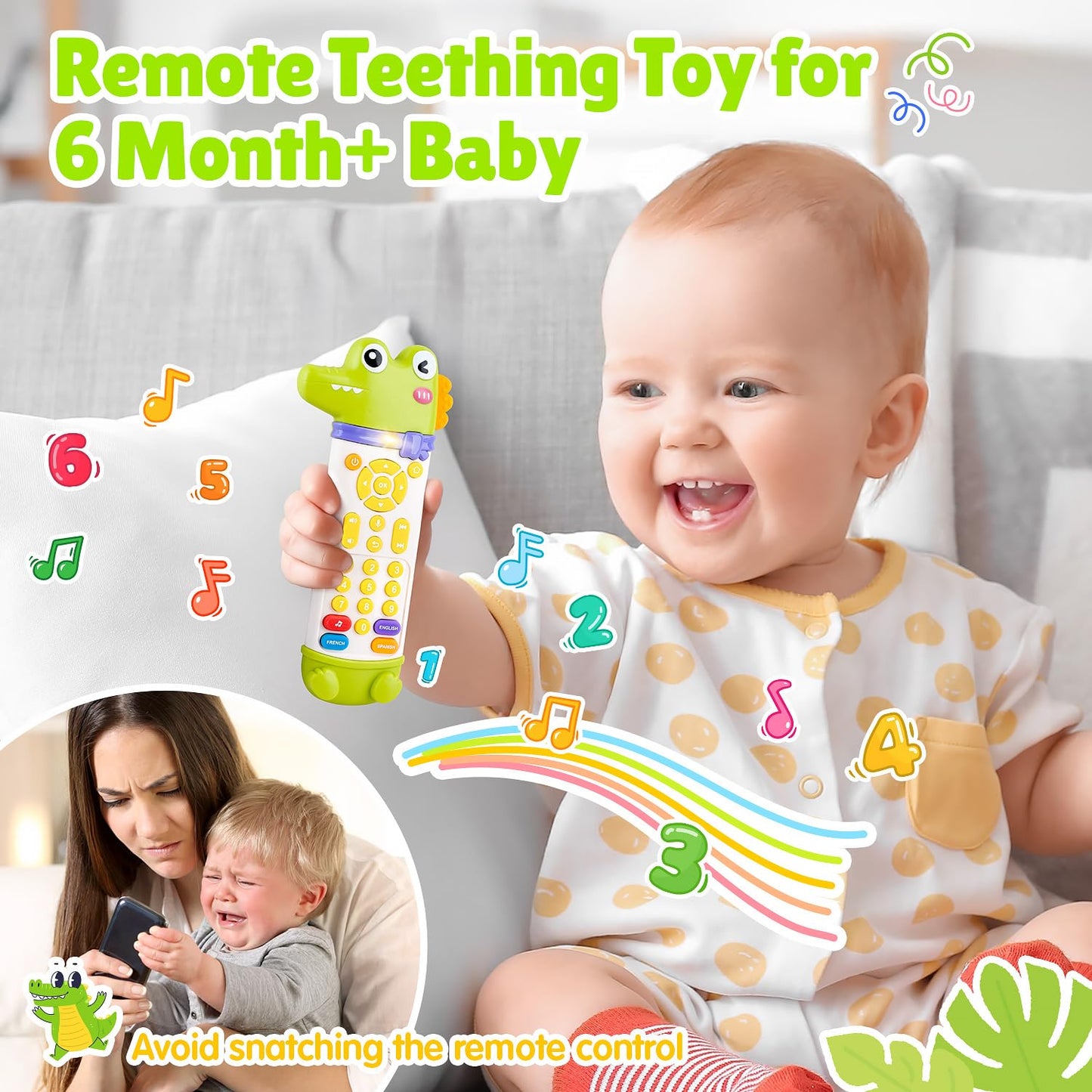 WeeHomm Baby Remote Control Toy – Teether Remote with Realistic Lights & Sounds | 3-Language (EN/ES/FR)