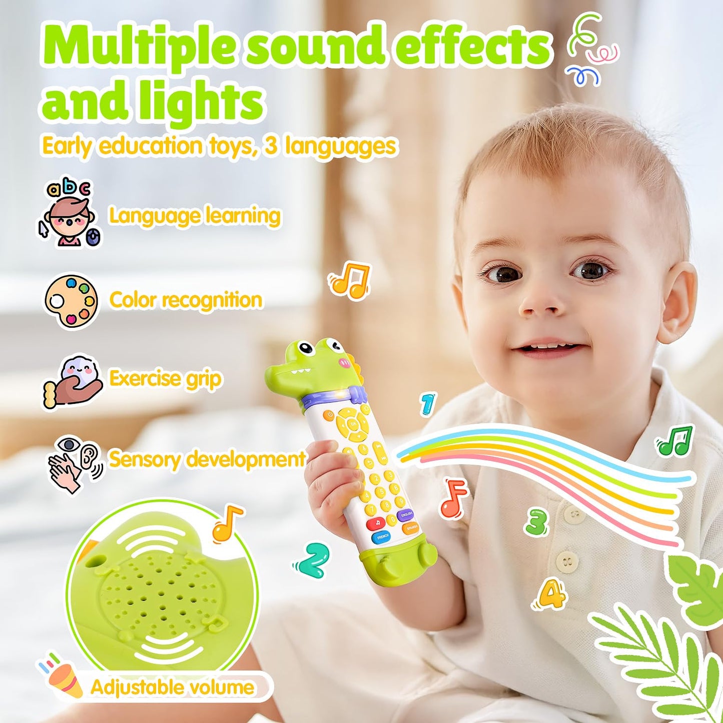 WeeHomm Baby Remote Control Toy – Teether Remote with Realistic Lights & Sounds | 3-Language (EN/ES/FR)