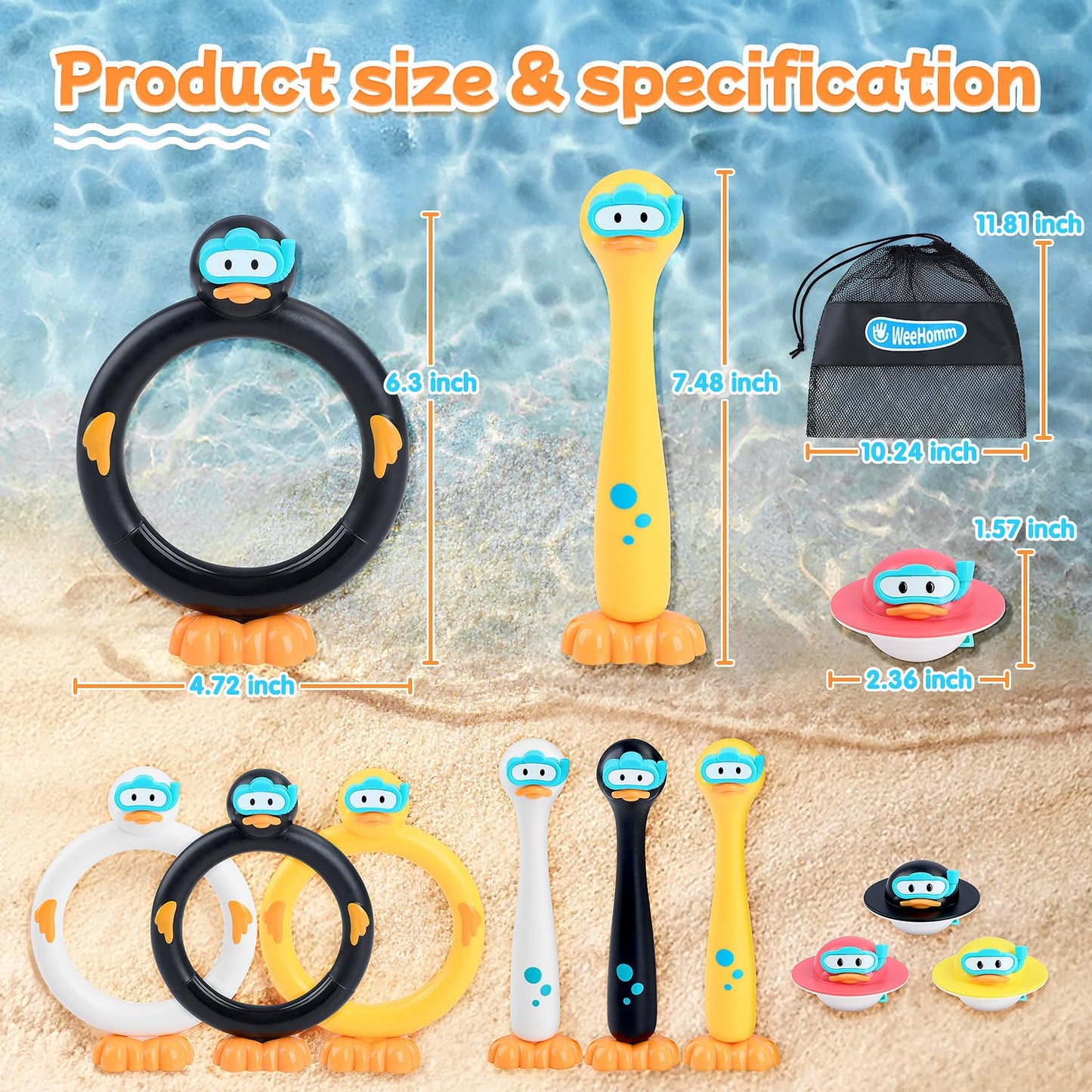 WeeHomm Pool Diving Toys for Kids — 9 Pack (Rings, Sticks & Ducks)