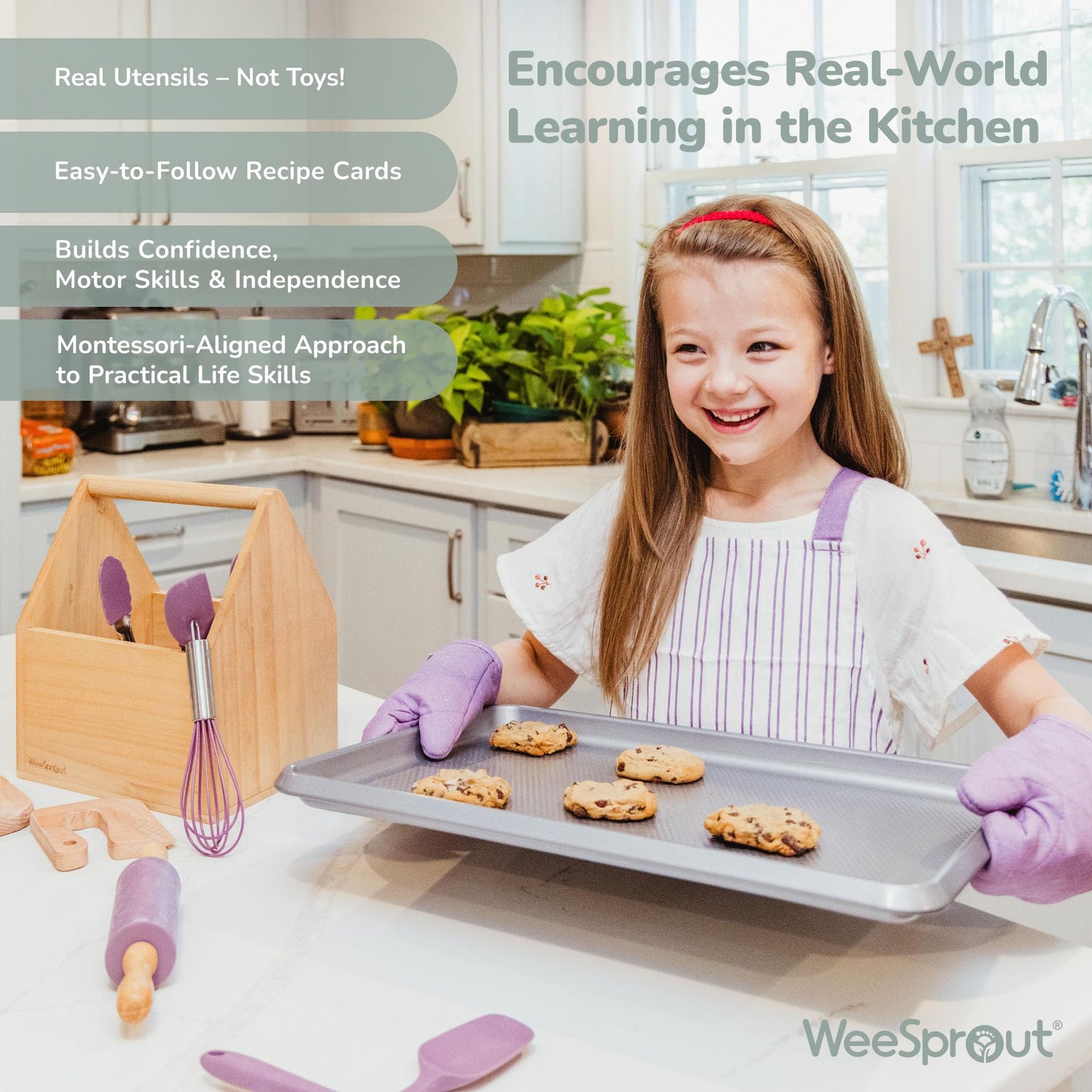 WeeSprout Little Chef 14-Piece Kids Cooking & Baking Set with Real Tools