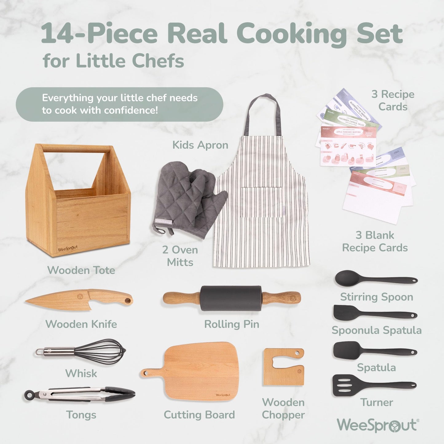 WeeSprout Little Chef 14-Piece Kids Cooking & Baking Set with Real Tools