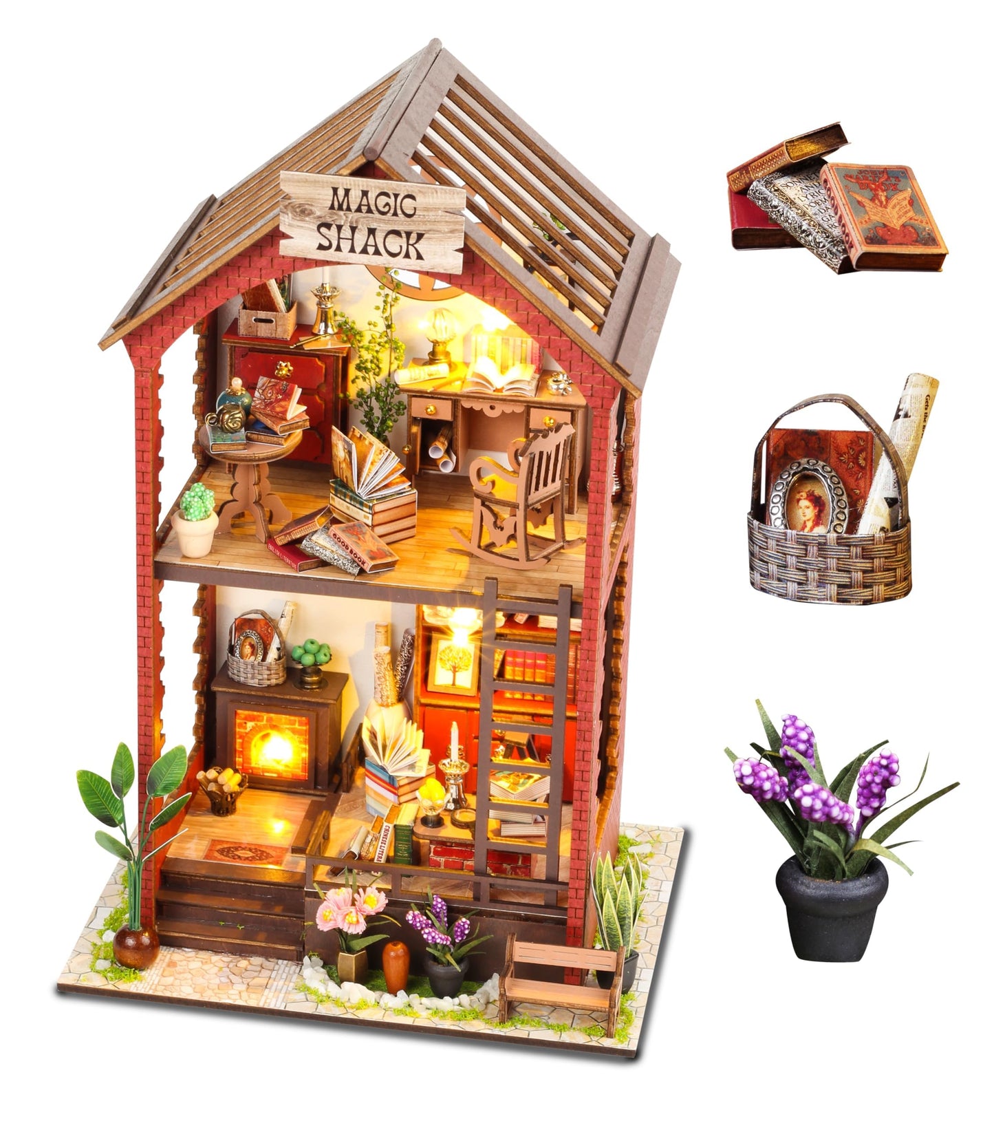 Wefaouse DIY Book Nook Kit with Light | Miniature Dollhouse Bookend & Library Decor