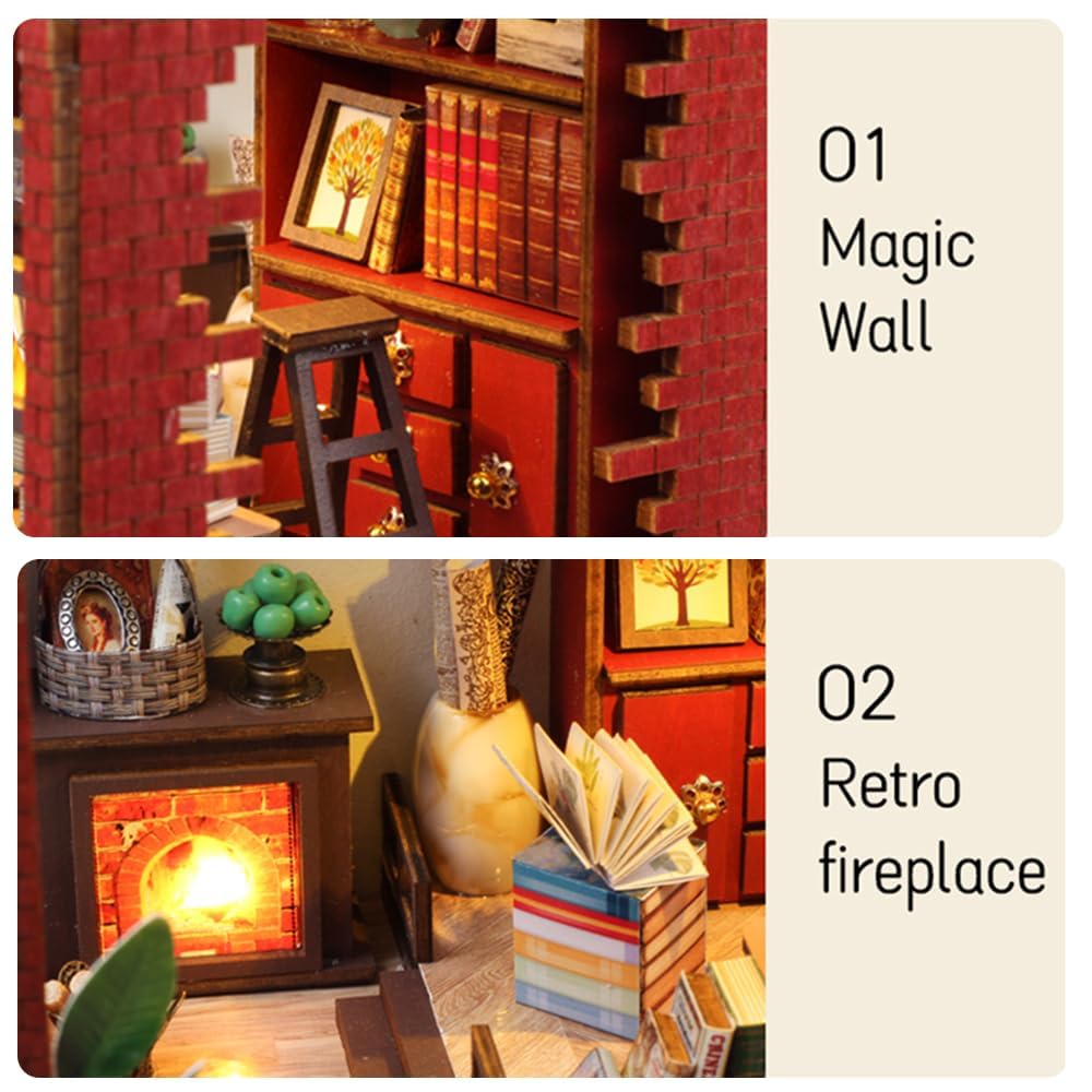 Wefaouse DIY Book Nook Kit with Light | Miniature Dollhouse Bookend & Library Decor