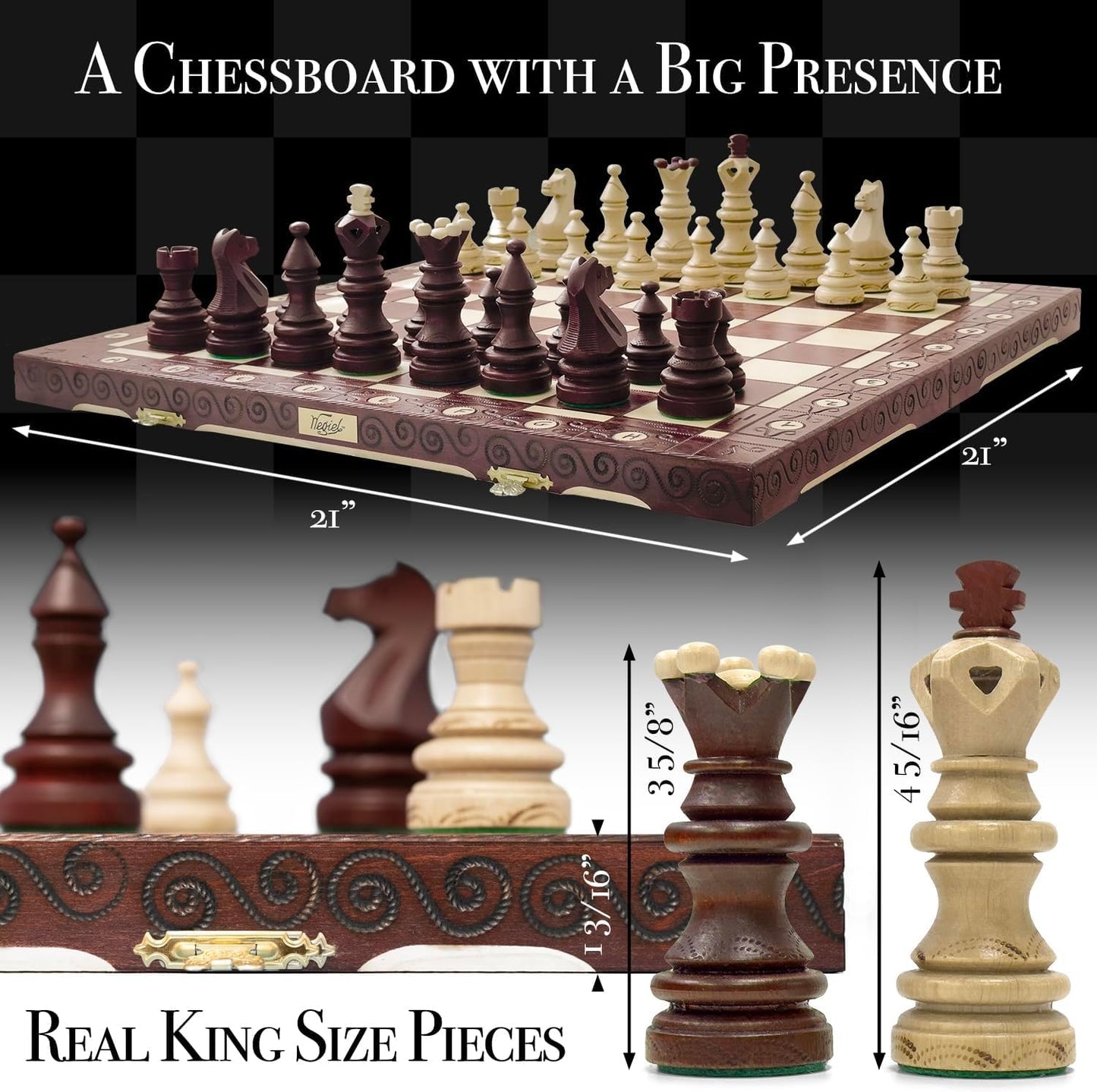 Wegiel Imperator 21-Inch Luxury Wooden Chess Set – Handcrafted Beech & Birch, Folding Board with Storage