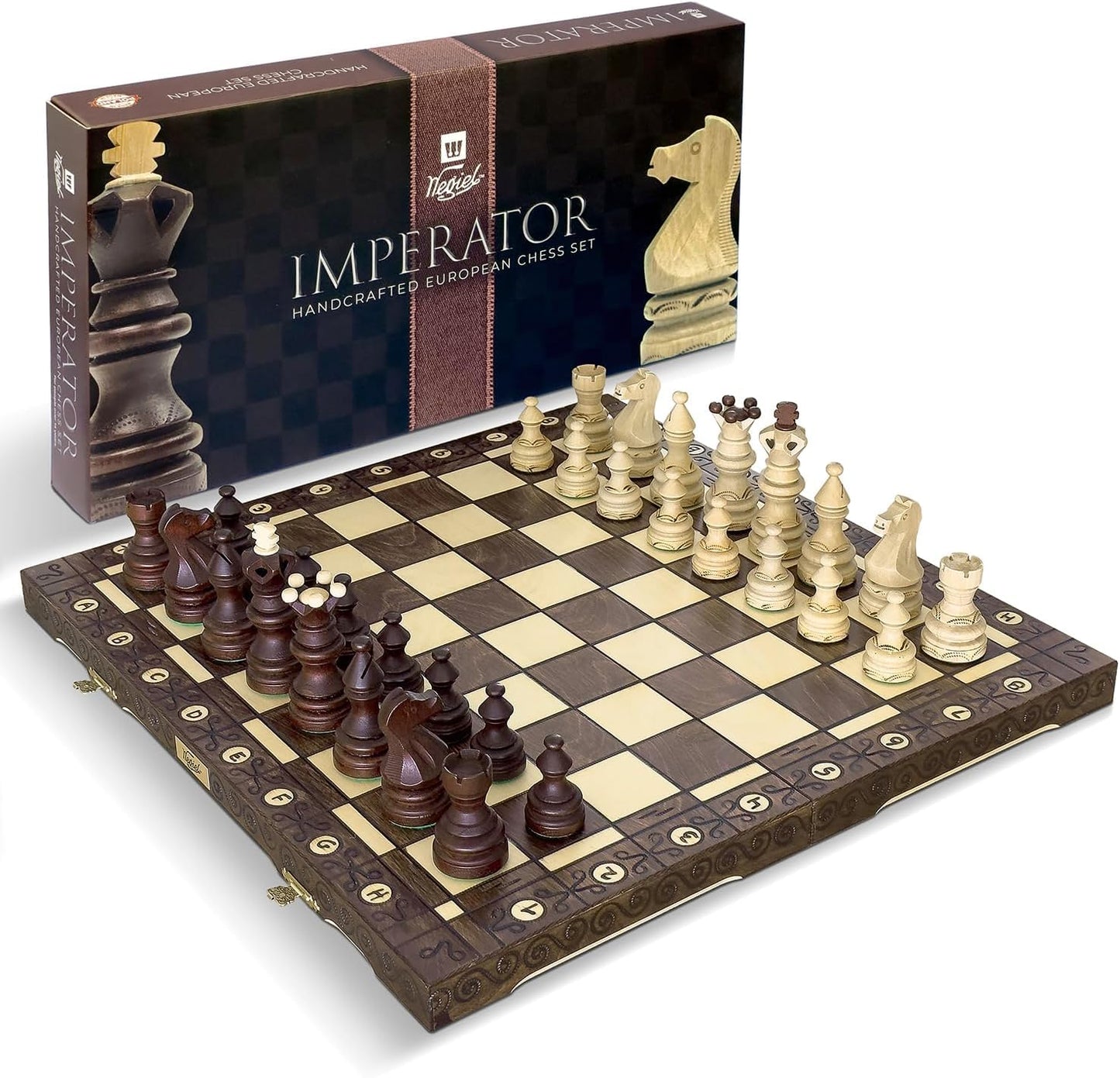Wegiel Imperator 21-Inch Luxury Wooden Chess Set – Handcrafted Beech & Birch, Folding Board with Storage