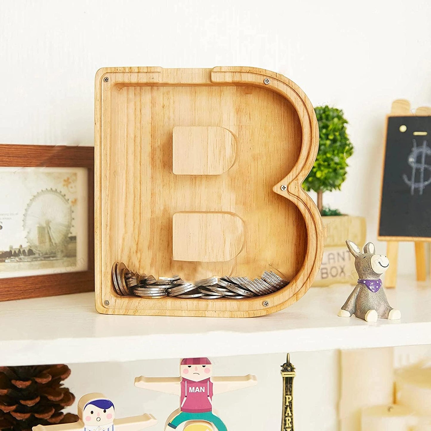 WeiDu77 Alphabet Piggy Bank A-Z | Large-Capacity Transparent Wooden Savings Box | Name DIY
