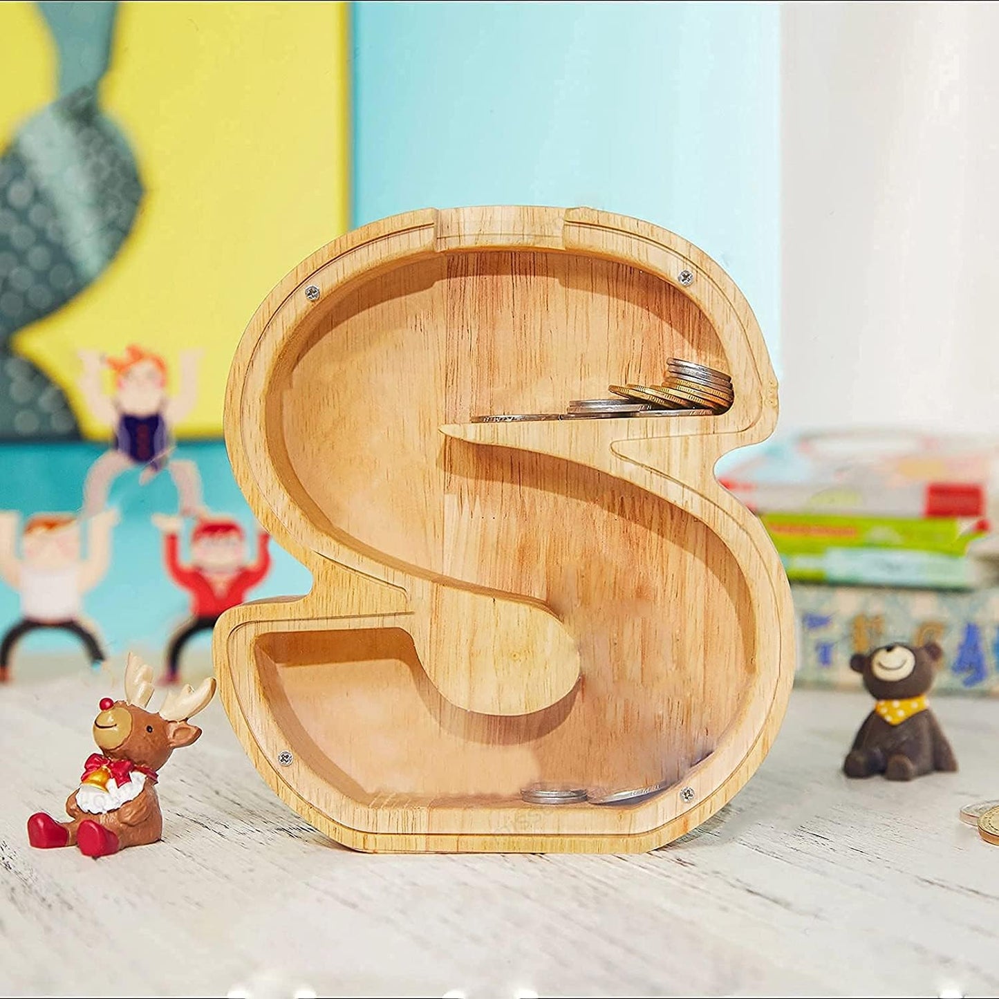 WeiDu77 Alphabet Piggy Bank A-Z | Large-Capacity Transparent Wooden Savings Box | Name DIY