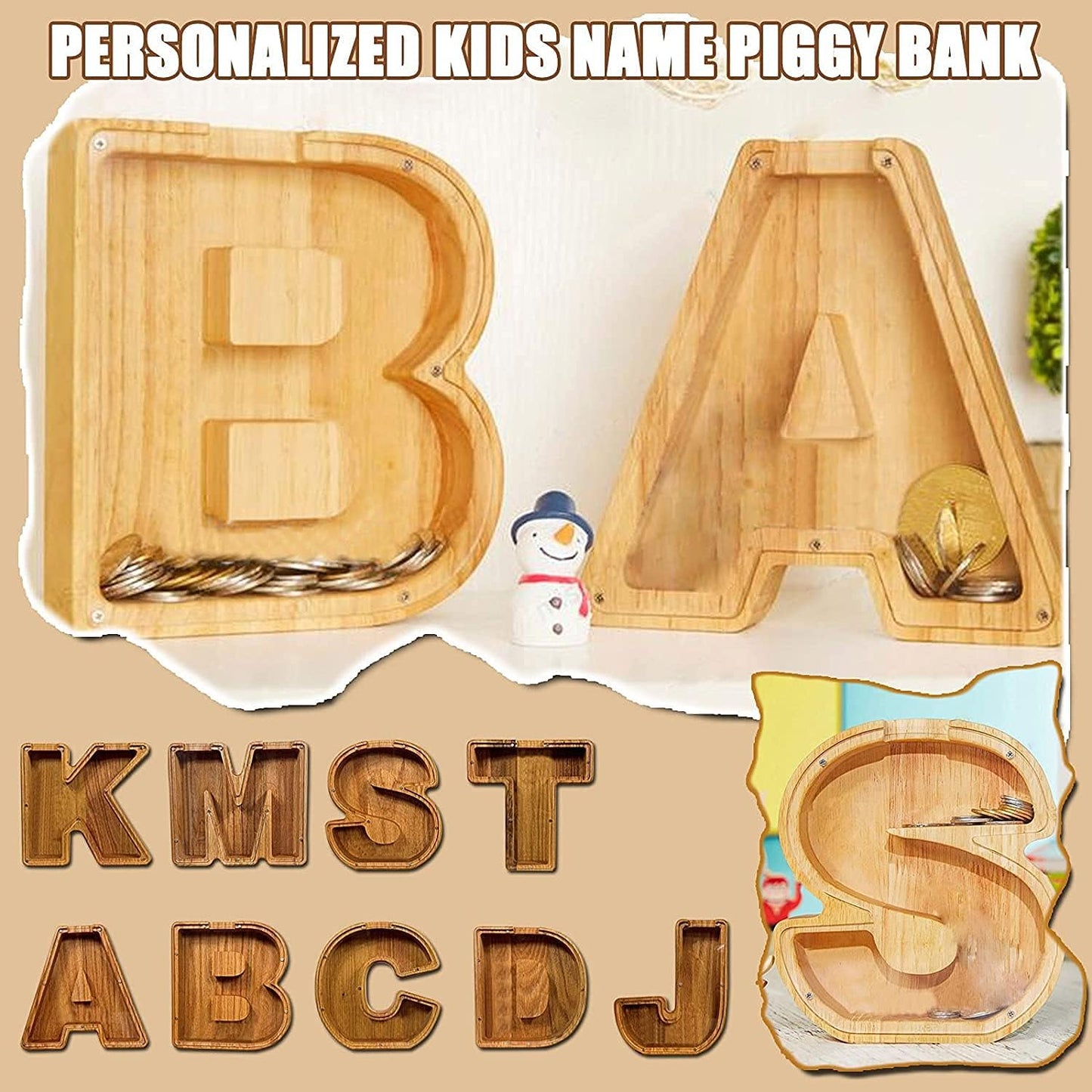 WeiDu77 Alphabet Piggy Bank A-Z | Large-Capacity Transparent Wooden Savings Box | Name DIY