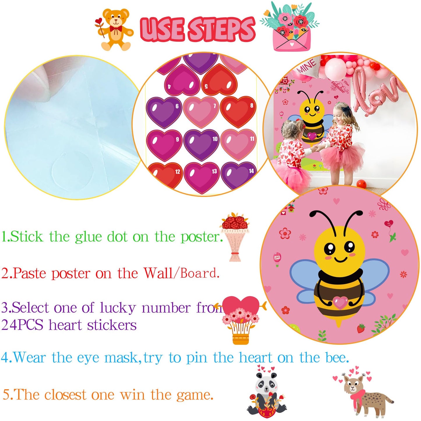 WEIEN Valentines Day Games for Kids - Pin the Heart on the Bee | Family Party Activity