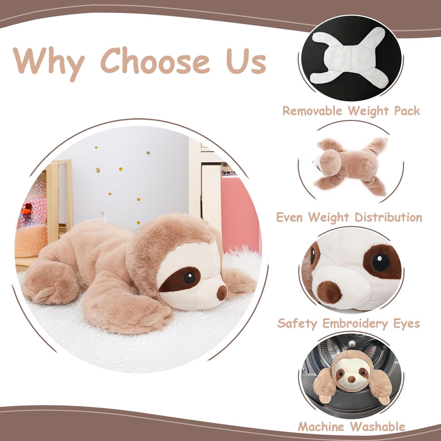 WEIGEDU Large Weighted Sloth Plush – 28in, 5lb with Removable Weight Pack
