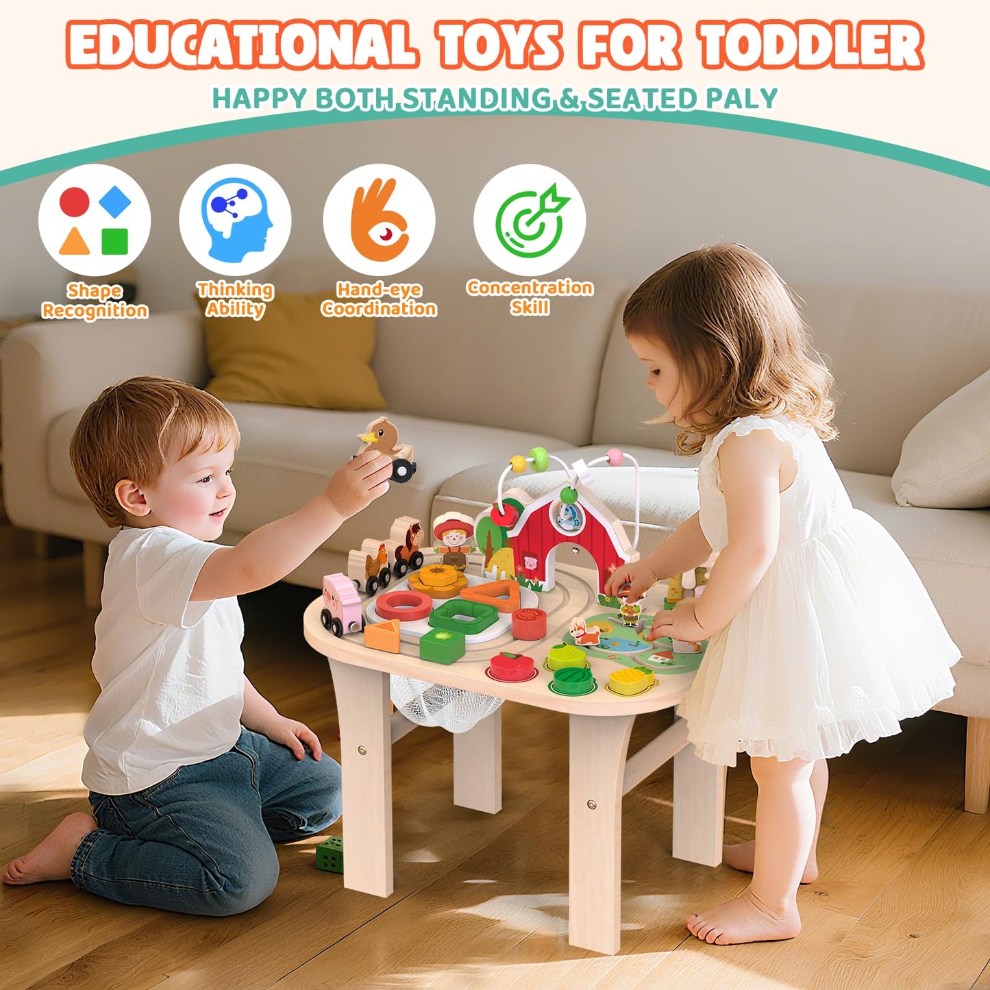 Weilim Activity Table for 12+ Months – Farm Montessori Toy with Bead Maze & Train Track
