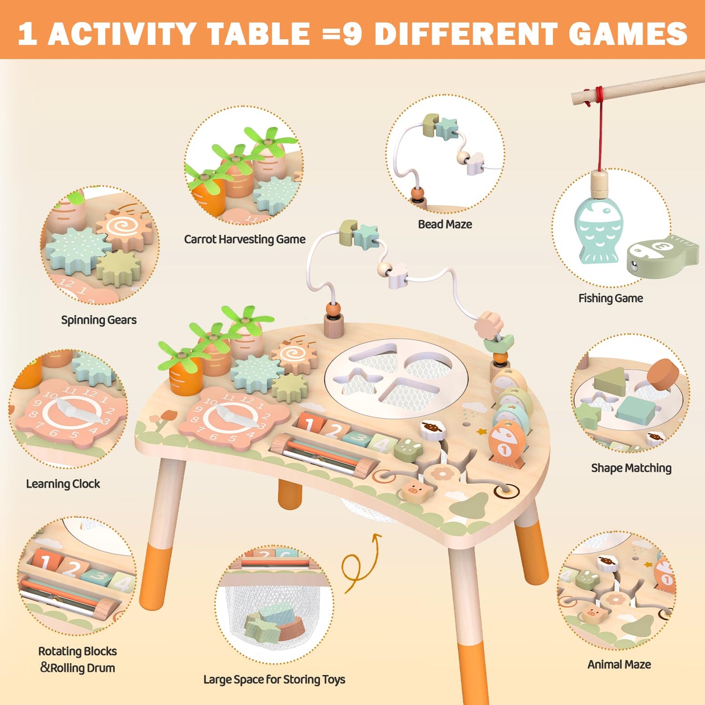 Weilim Activity Table: 9-in-1 Wooden Montessori Toy for Toddlers