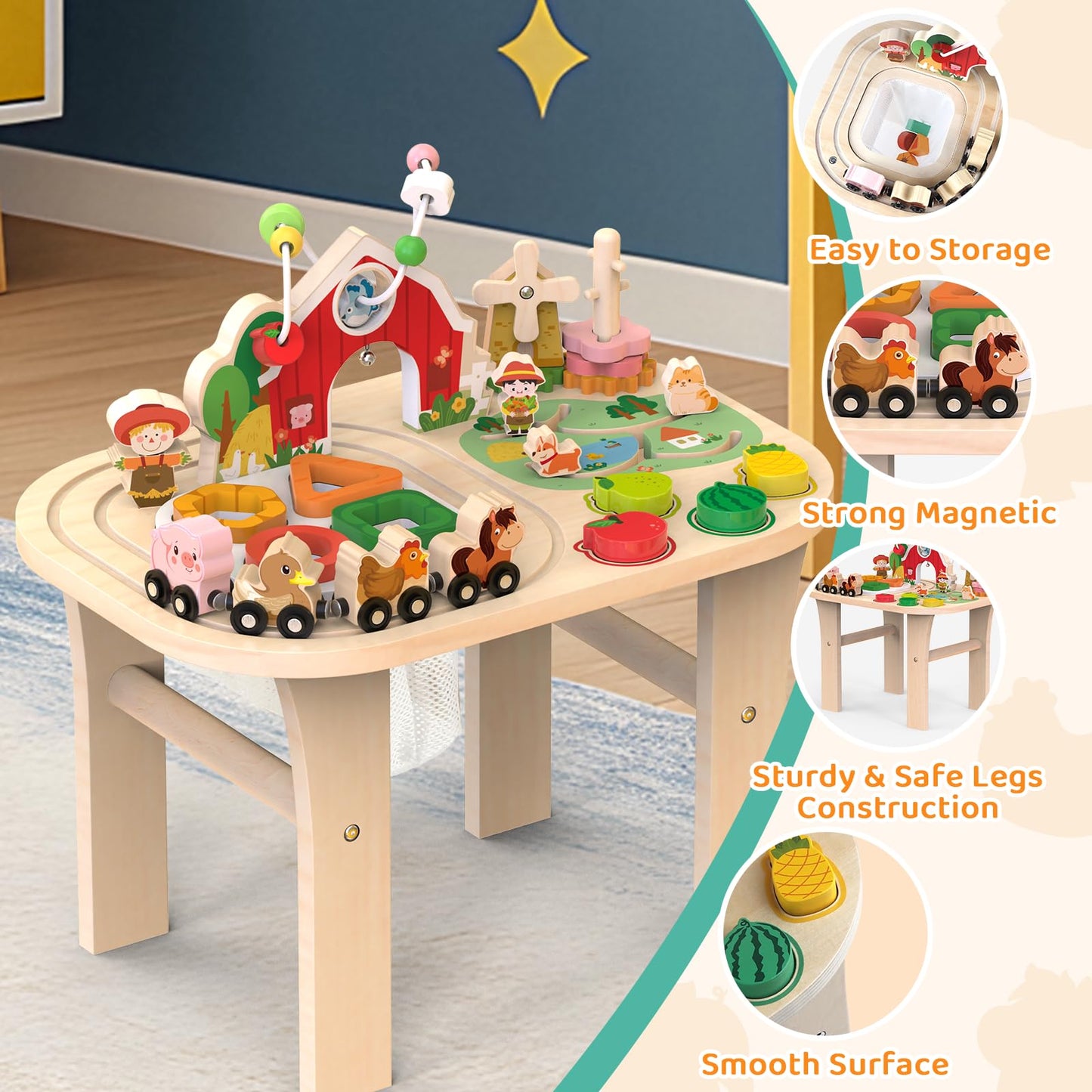 Weilim Activity Table for 12+ Months – Farm Montessori Toy with Bead Maze & Train Track