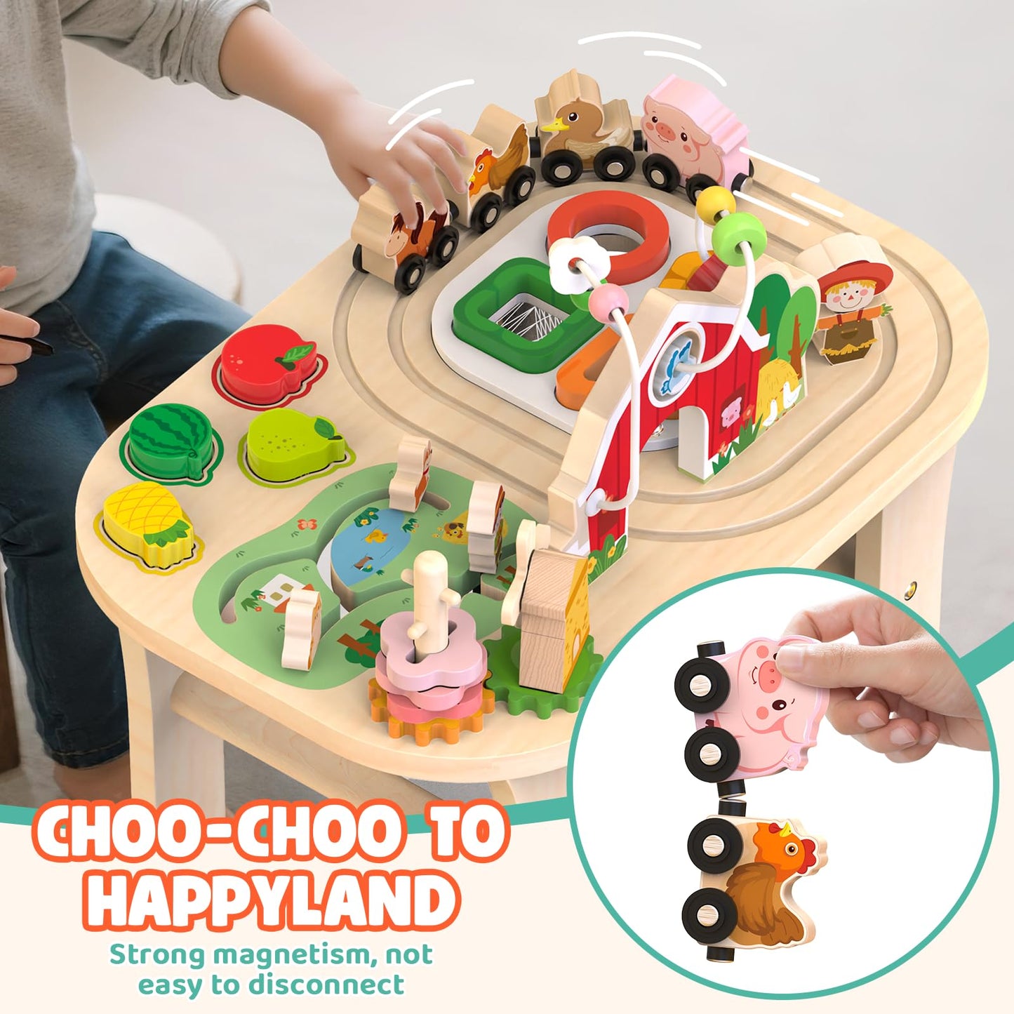 Weilim Activity Table for 12+ Months – Farm Montessori Toy with Bead Maze & Train Track