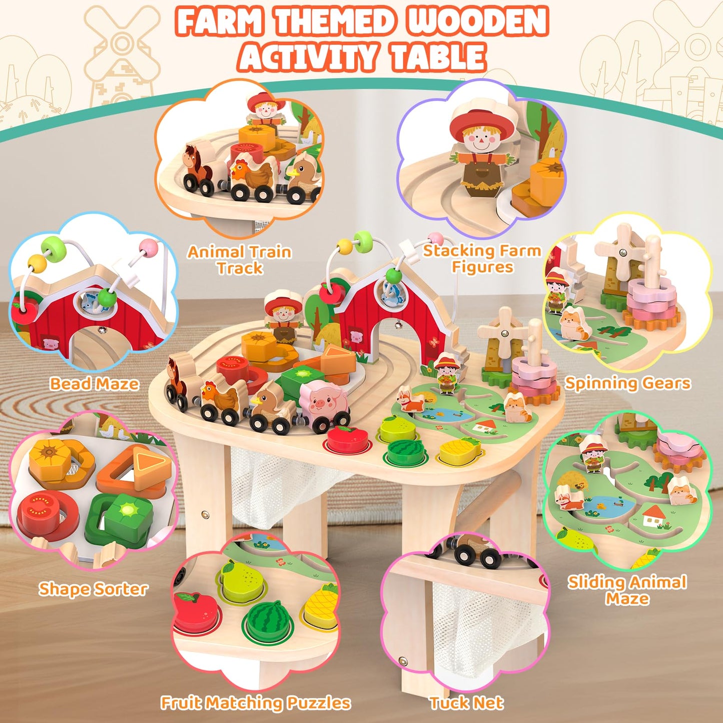 Weilim Activity Table for 12+ Months – Farm Montessori Toy with Bead Maze & Train Track