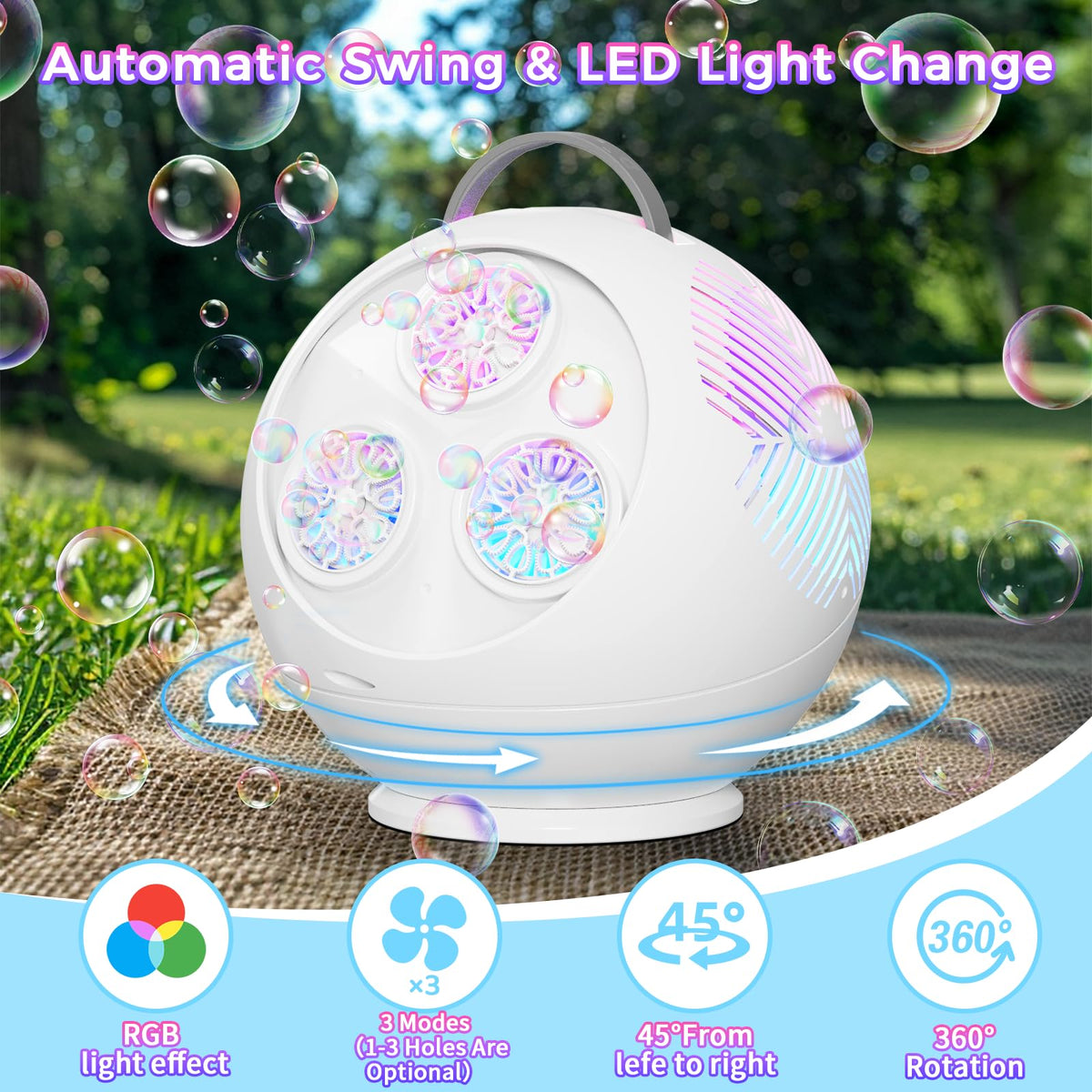 Weilim Bubble Machine: Automatic 360° LED Bubble Blower with 45° Tilt, Rechargeable & Portable