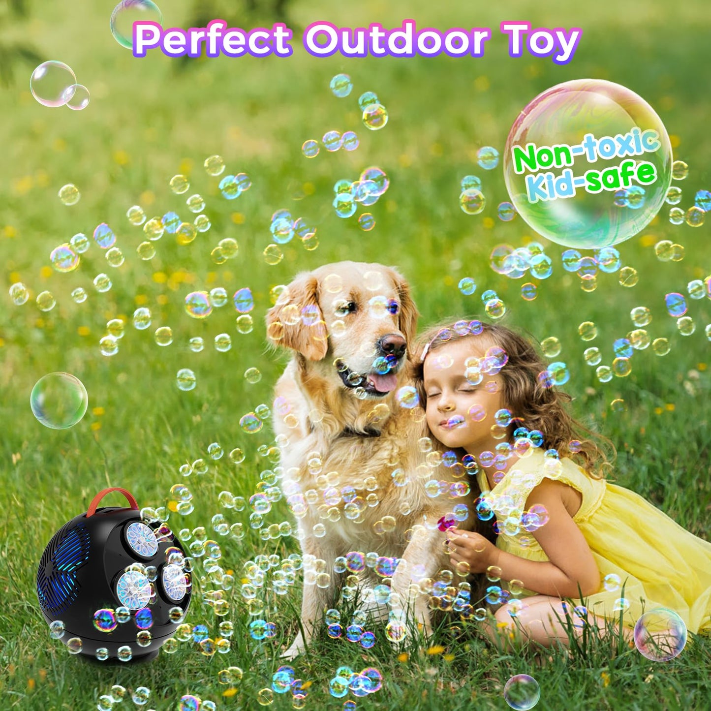 Weilim Bubble Machine — Spherical Black Automatic Bubble Blower with 360° Rotation and LED Lights