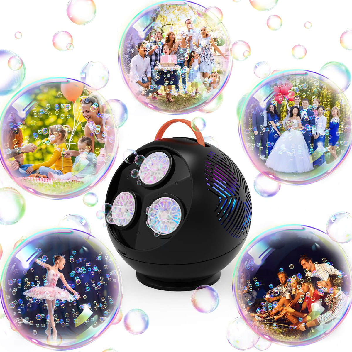 Weilim Bubble Machine — Spherical Black Automatic Bubble Blower with 360° Rotation and LED Lights