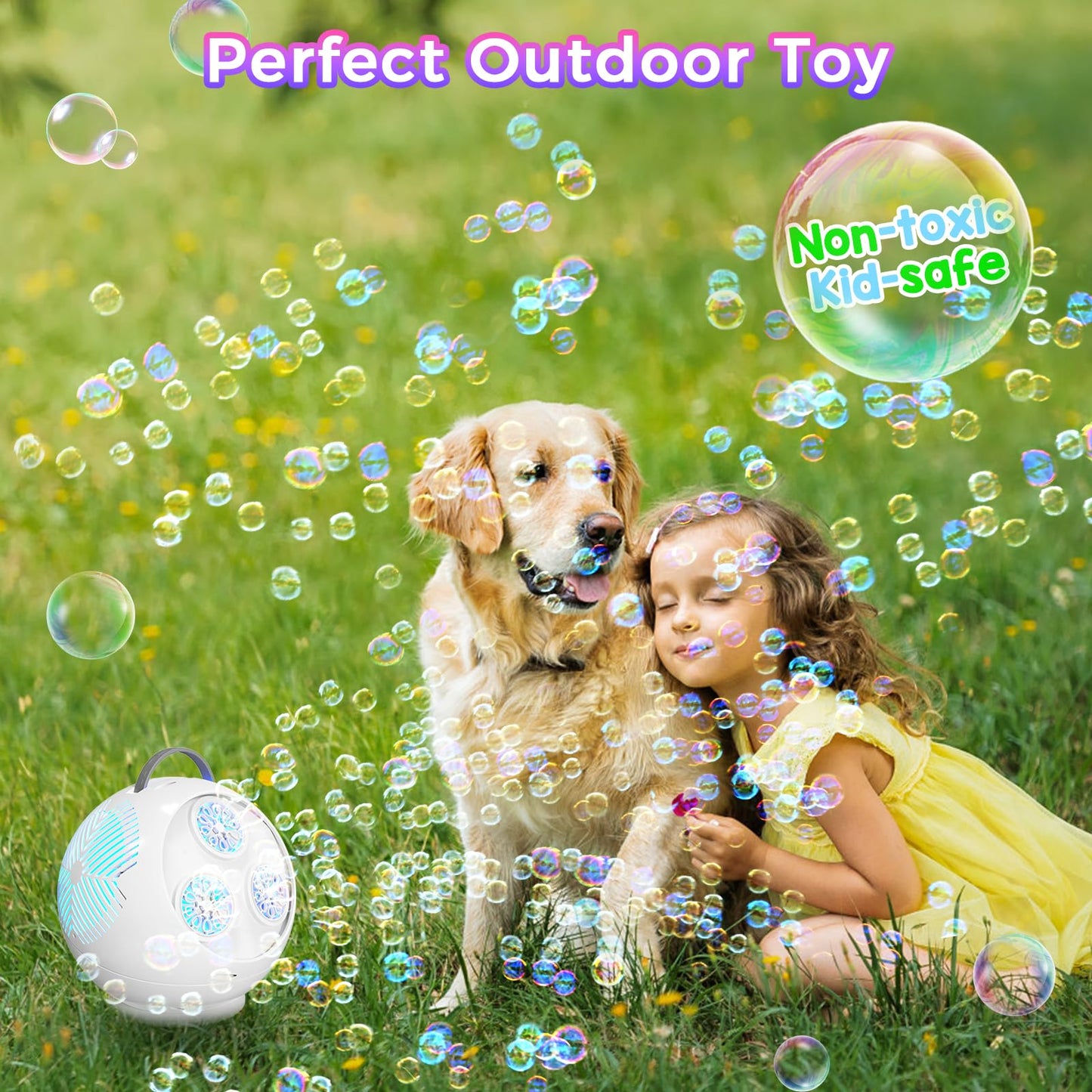 Weilim Bubble Machine: Automatic 360° LED Bubble Blower with 45° Tilt, Rechargeable & Portable