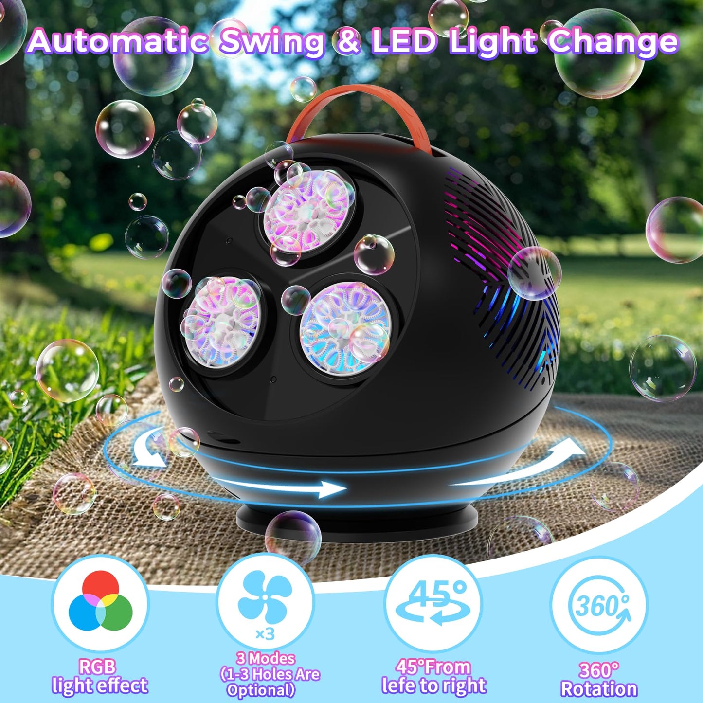 Weilim Bubble Machine — Spherical Black Automatic Bubble Blower with 360° Rotation and LED Lights
