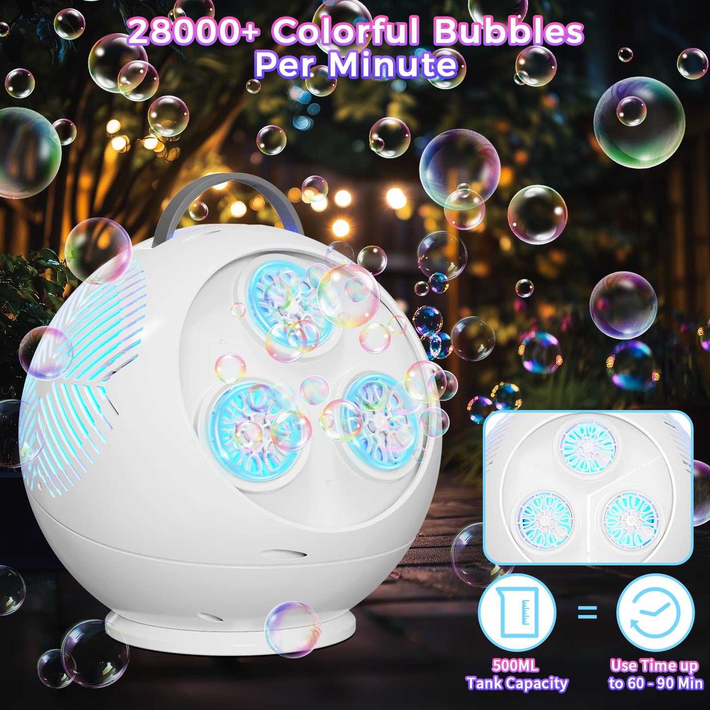Weilim Bubble Machine: Automatic 360° LED Bubble Blower with 45° Tilt, Rechargeable & Portable