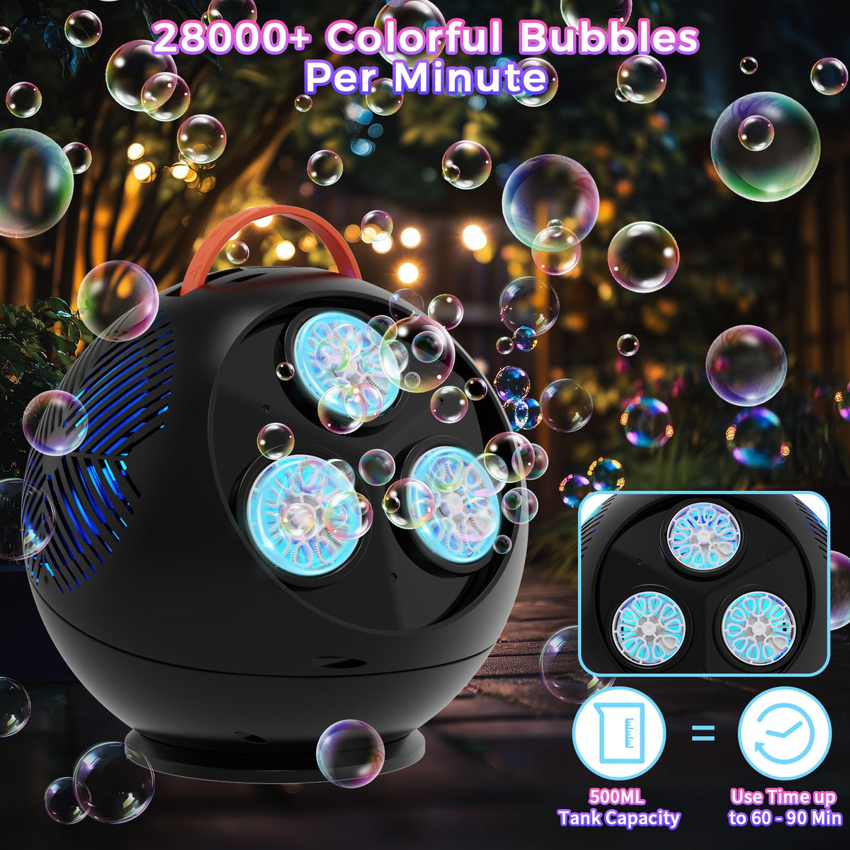 Weilim Bubble Machine — Spherical Black Automatic Bubble Blower with 360° Rotation and LED Lights