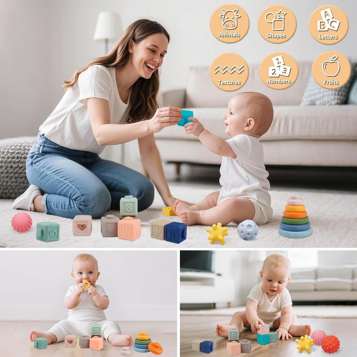 Weilim Montessori Soft Stacking Blocks 3-in-1 Baby Toy Bundle | Teething, Bath & Early Learning