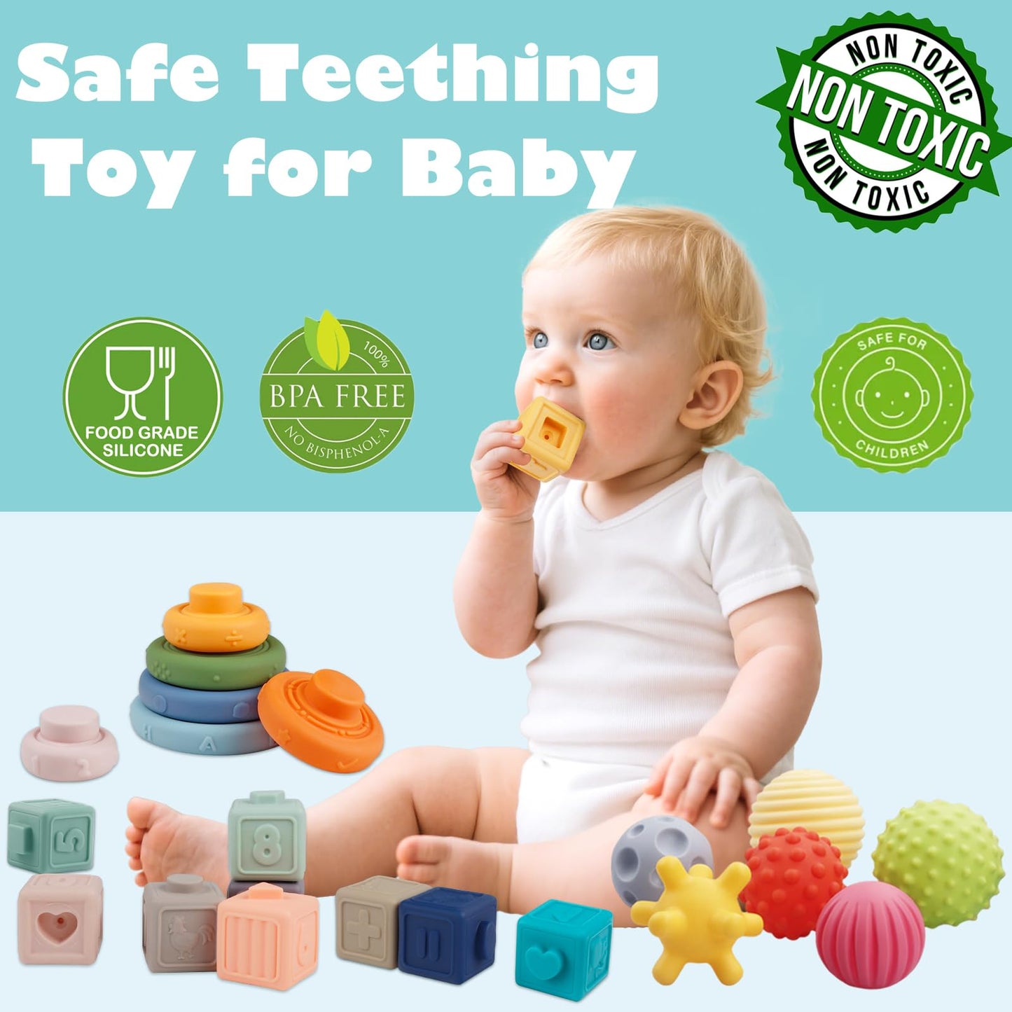 Weilim Montessori Soft Stacking Blocks 3-in-1 Baby Toy Bundle | Teething, Bath & Early Learning
