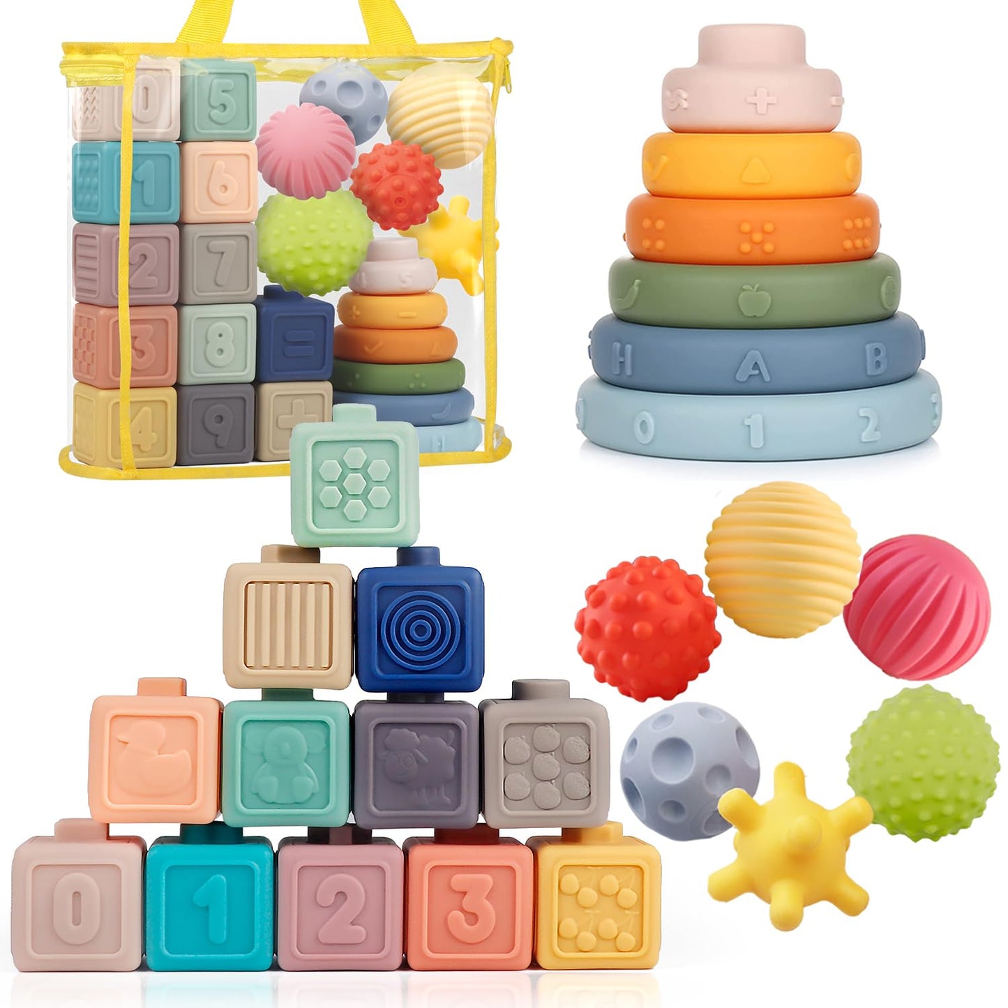 Weilim Montessori Soft Stacking Blocks 3-in-1 Baby Toy Bundle | Teething, Bath & Early Learning
