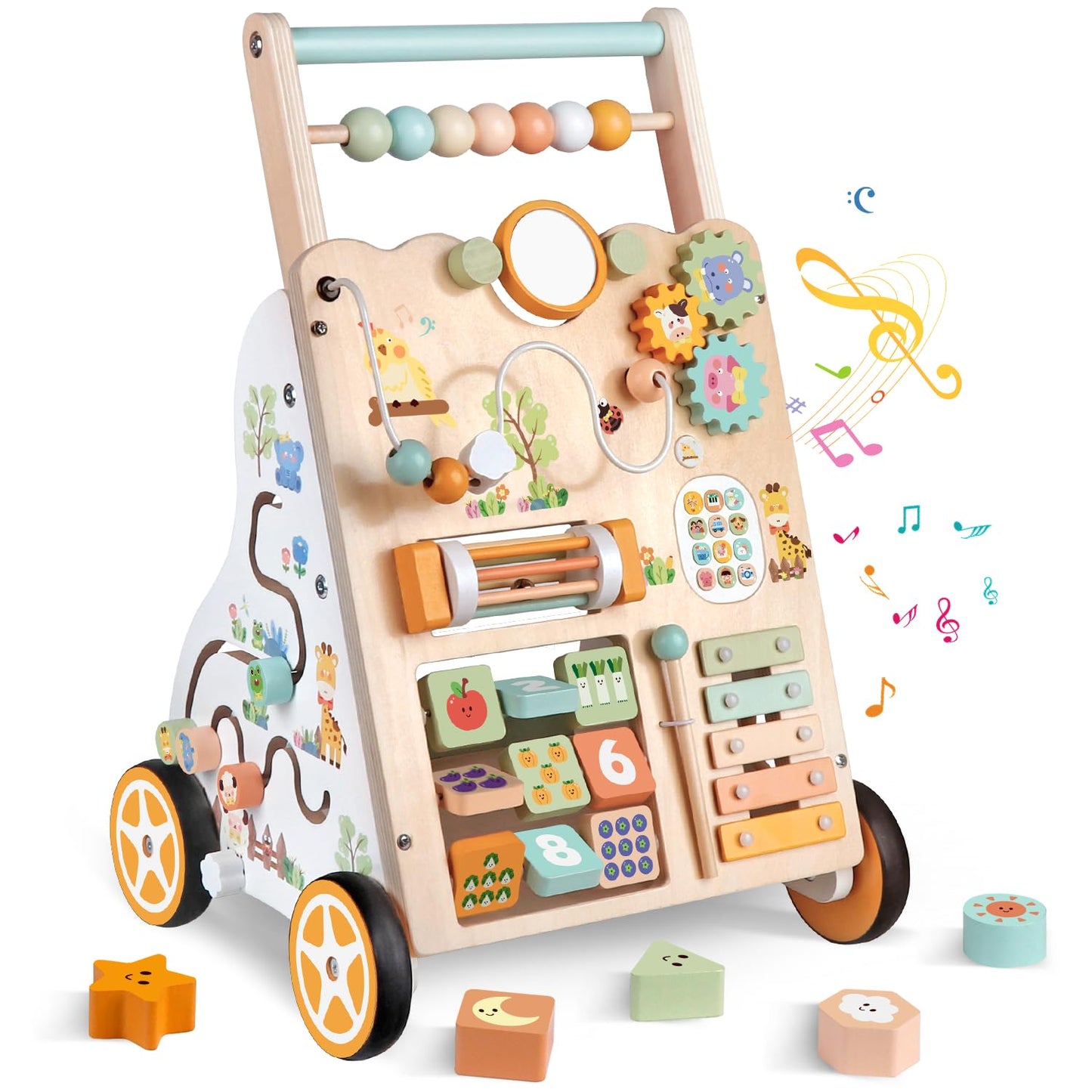 Weilim Wooden Baby Walker with Wheels – Montessori Push Walker, 10 Activities, Adjustable Height & Speed (Natural)