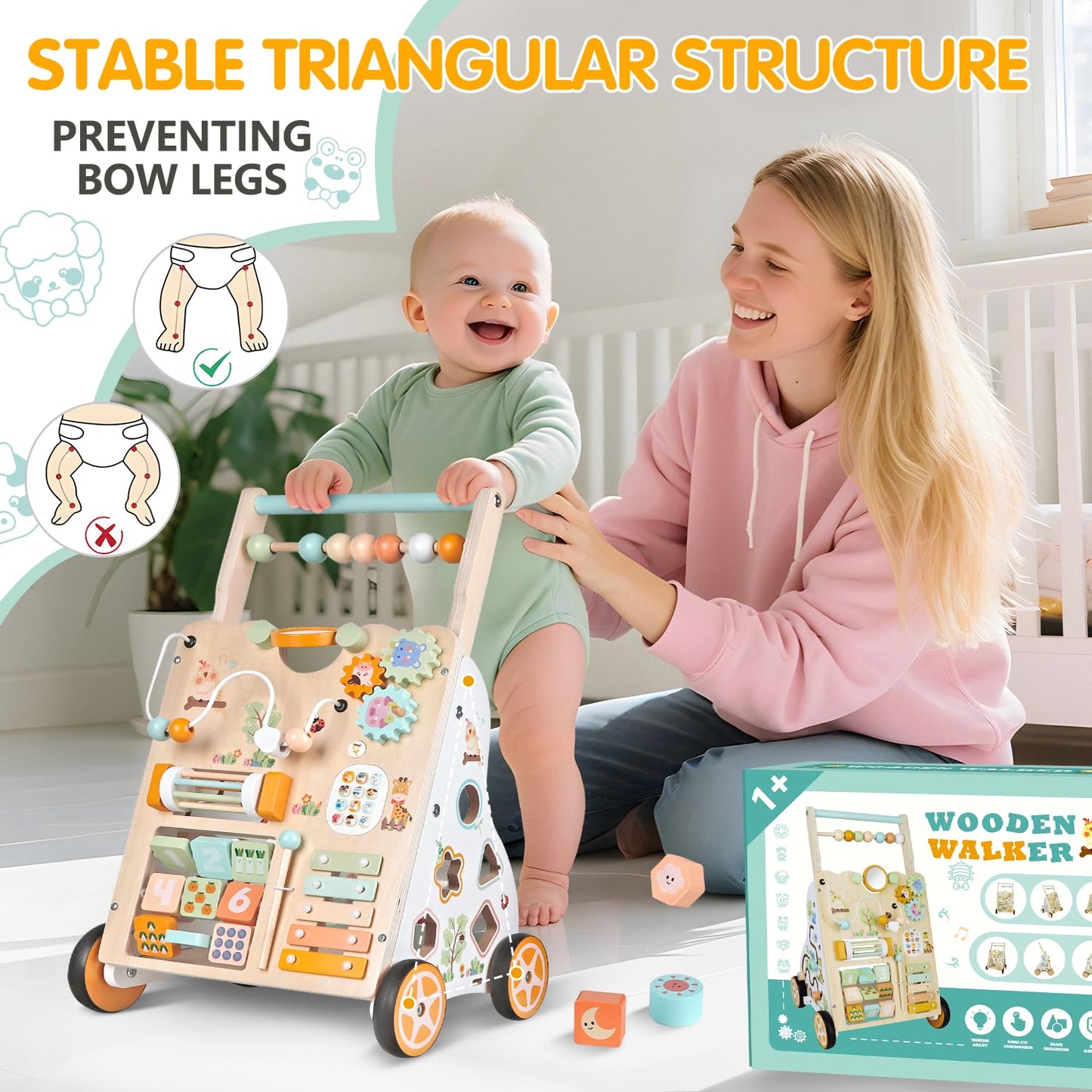 Weilim Wooden Baby Walker with Wheels – Montessori Push Walker, 10 Activities, Adjustable Height & Speed (Natural)