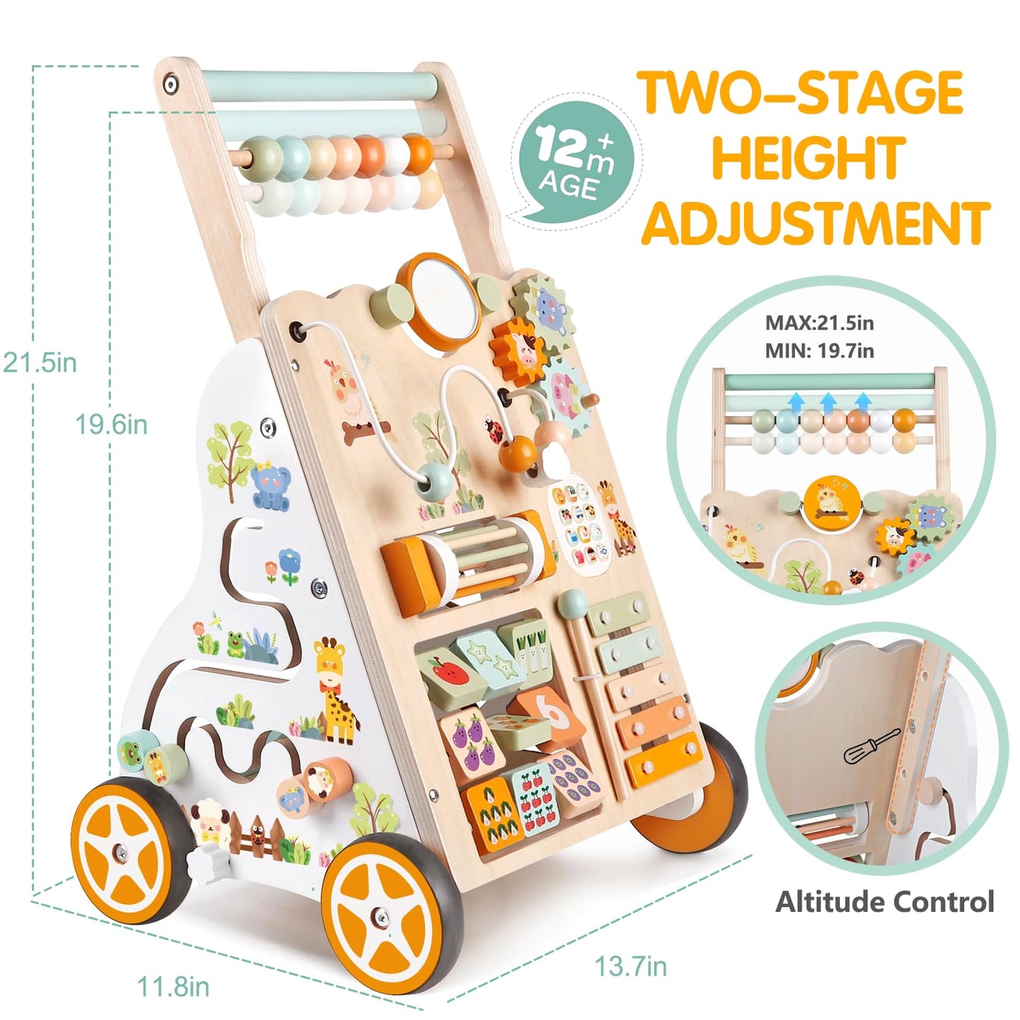 Weilim Wooden Baby Walker with Wheels – Montessori Push Walker, 10 Activities, Adjustable Height & Speed (Natural)