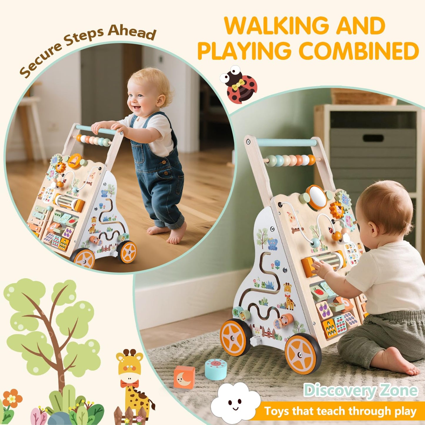 Weilim Wooden Baby Walker with Wheels – Montessori Push Walker, 10 Activities, Adjustable Height & Speed (Natural)