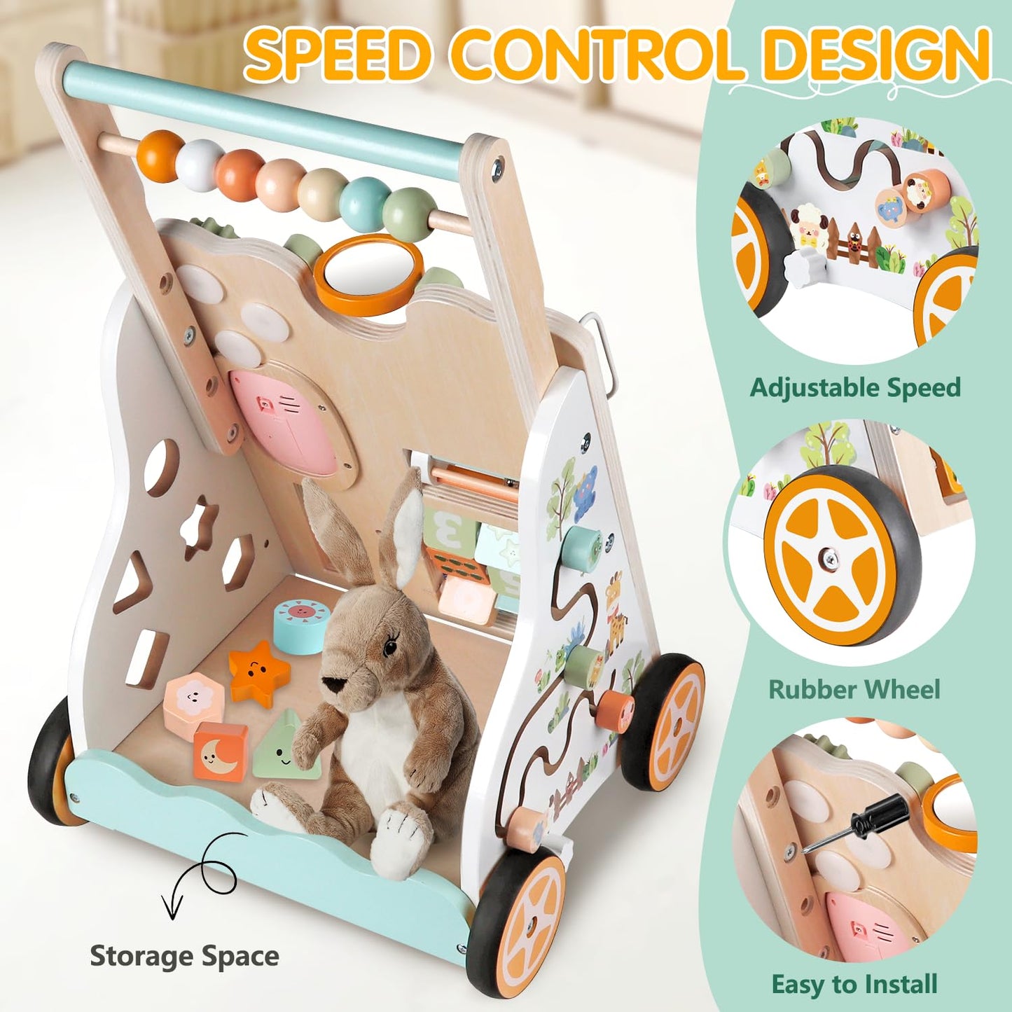 Weilim Wooden Baby Walker with Wheels – Montessori Push Walker, 10 Activities, Adjustable Height & Speed (Natural)