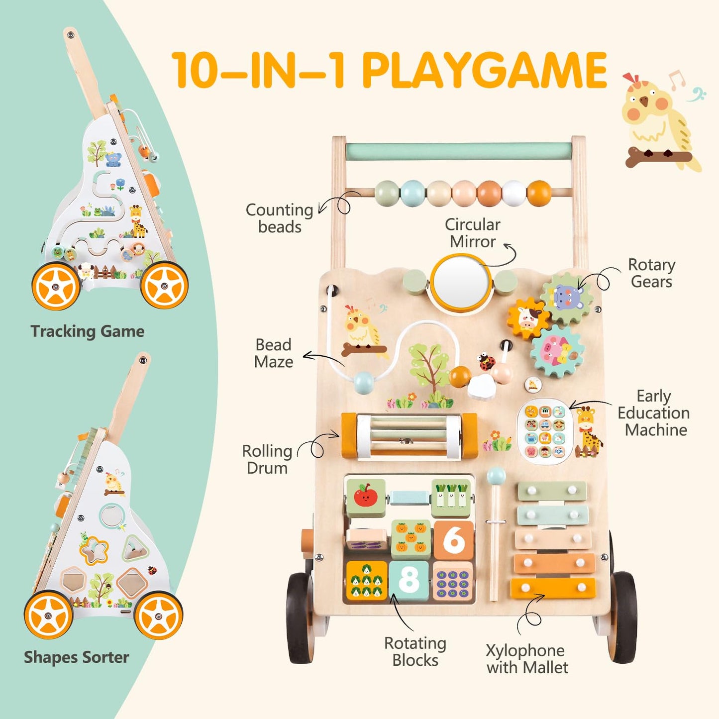 Weilim Wooden Baby Walker with Wheels – Montessori Push Walker, 10 Activities, Adjustable Height & Speed (Natural)