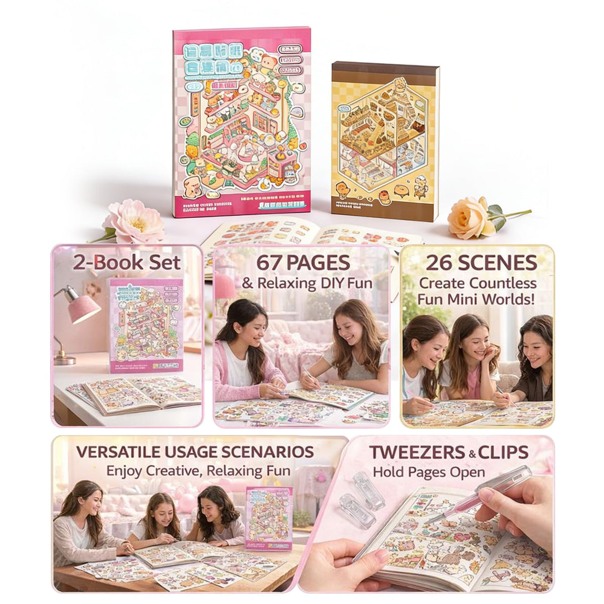 WEINSYT 3D Sticker Scene Book - 2-Book Set for Adults | DIY Kit with Tools Included