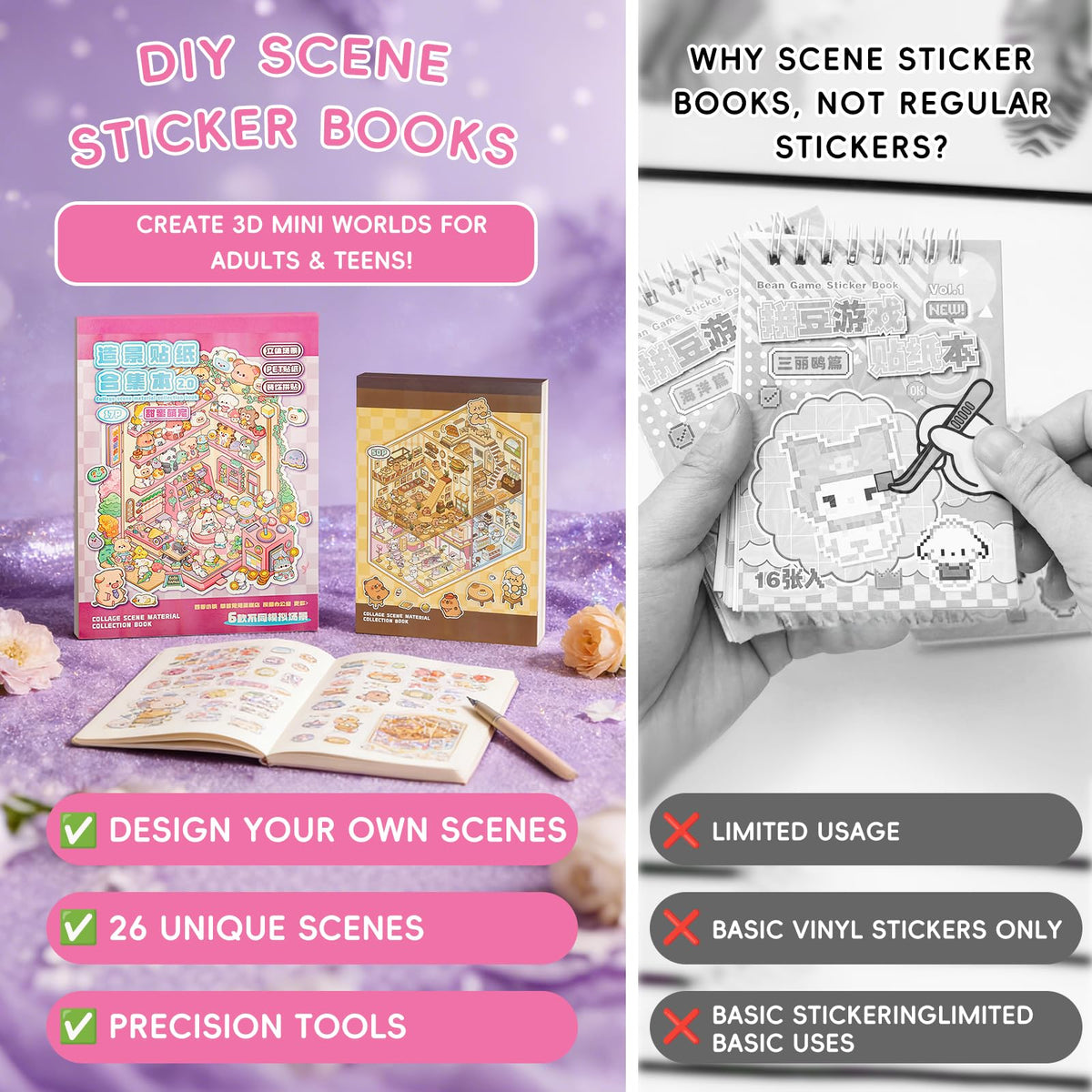 WEINSYT 3D Sticker Scene Book - 2-Book Set for Adults | DIY Kit with Tools Included