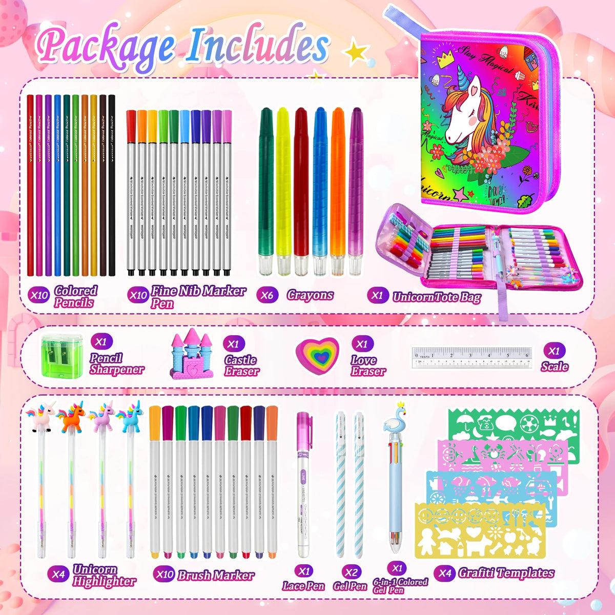 Weirtoya 53 PCS Washable Scented Markers Set — Mermaid Unicorn Art Kit for Kids 4-8, Glitter Pencil Case