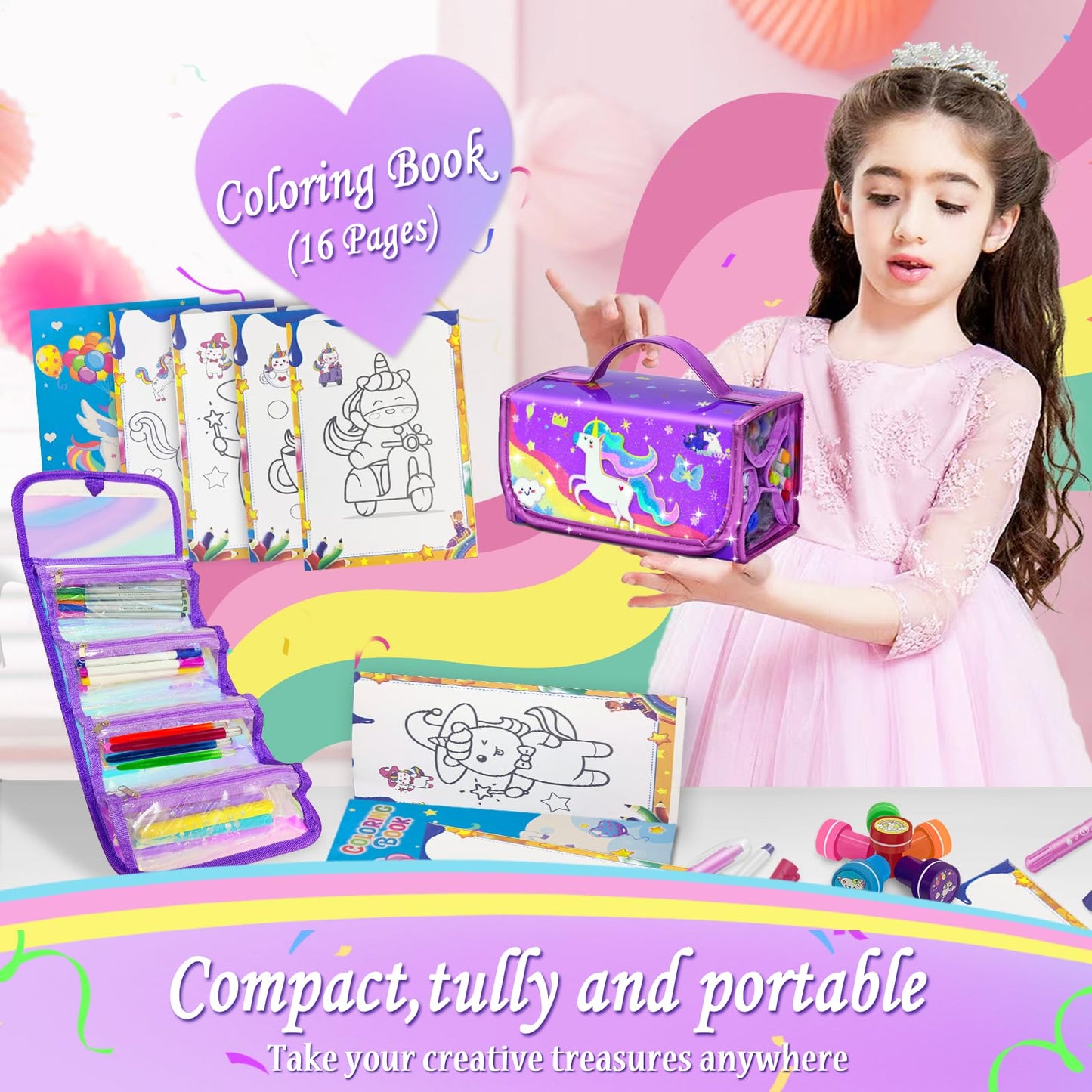 Weirtoya 56 PCS Washable Scented Markers Set with Glitter Pencil Case – Mermaid Unicorn Arts & Crafts Kit for Kids 4-8
