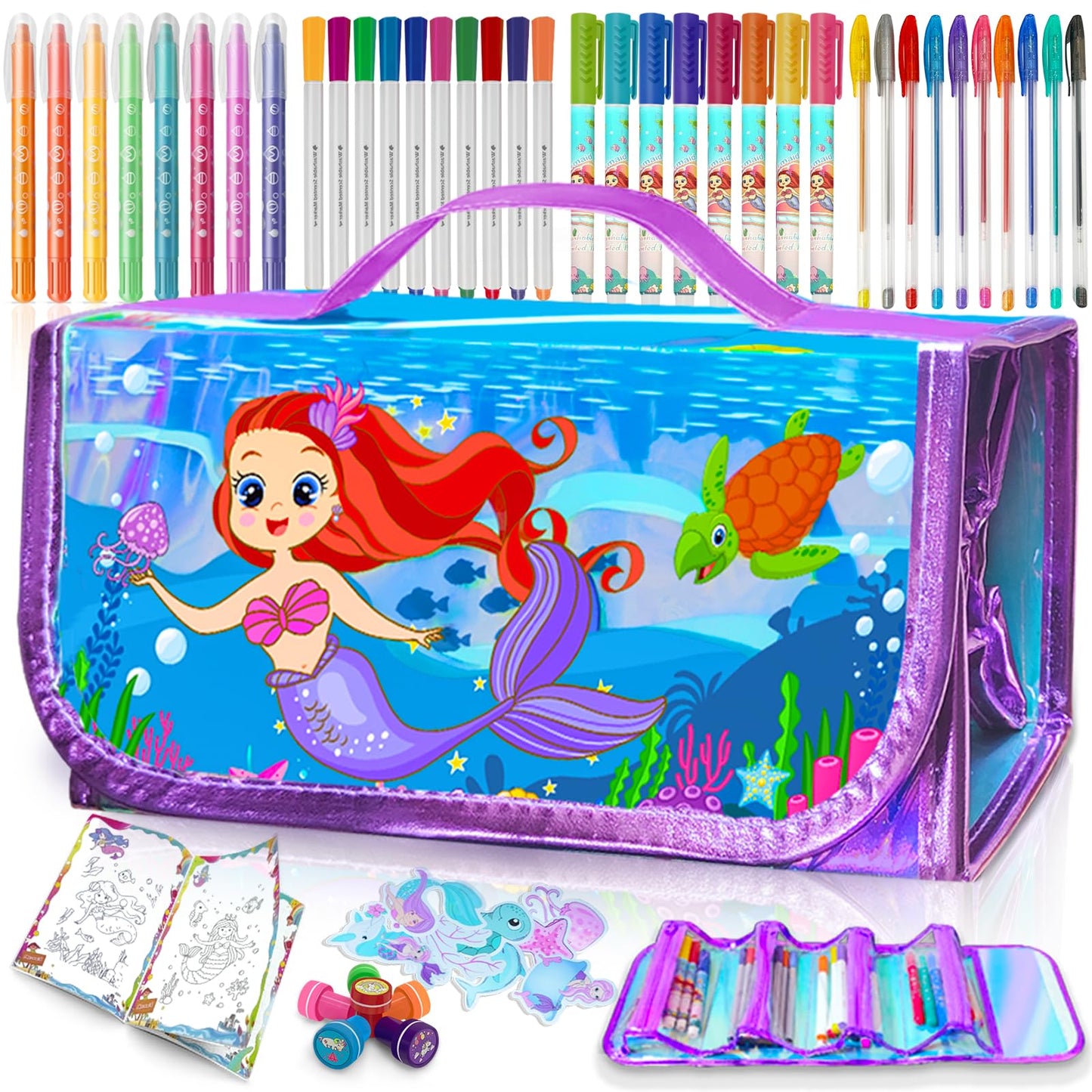 weirtoya 56 PCS Washable Scented Markers Set with Glitter Case – Mermaid Unicorn Art Kit for Kids 4-8