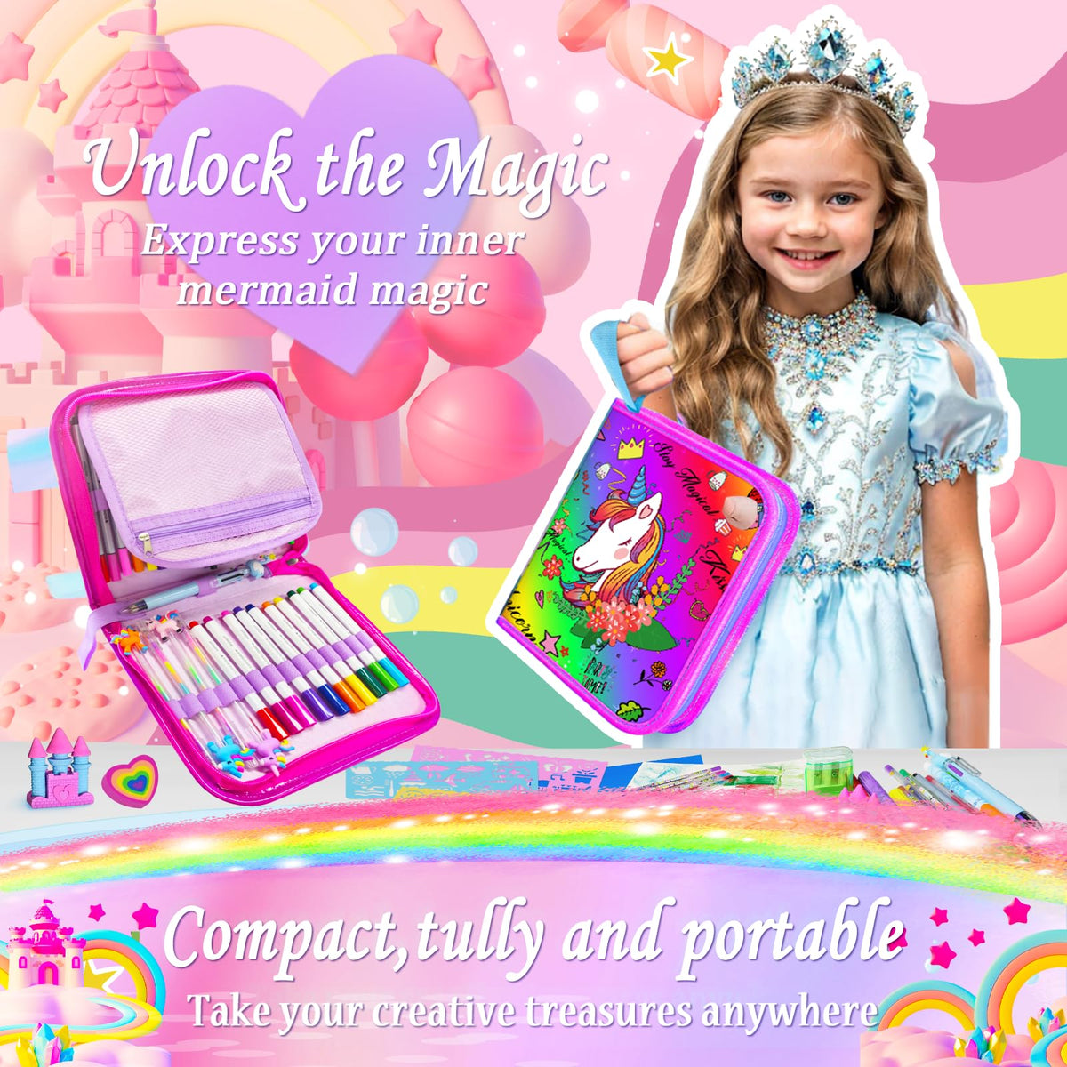 Weirtoya 53 PCS Washable Scented Markers Set — Mermaid Unicorn Art Kit for Kids 4-8, Glitter Pencil Case