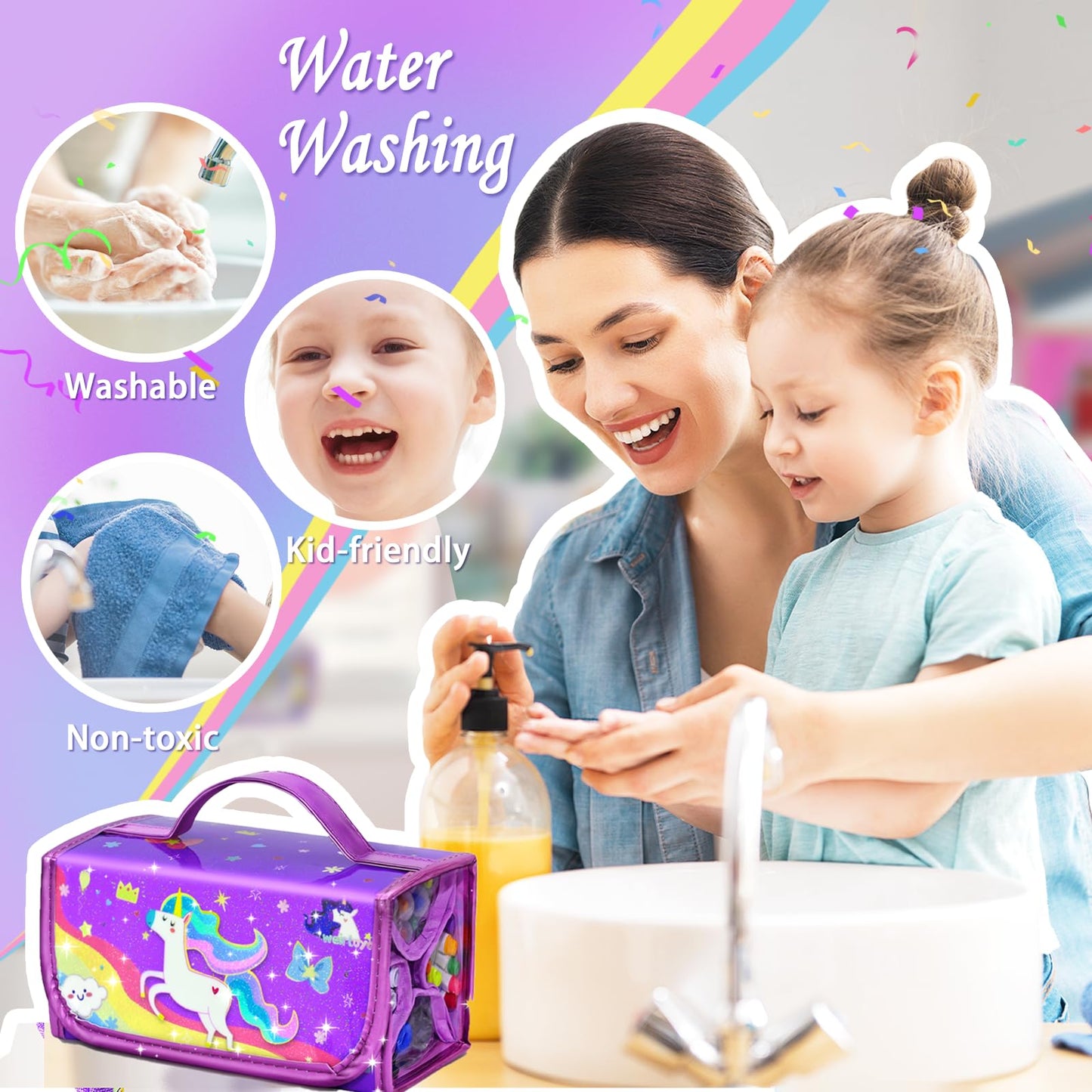 Weirtoya 56 PCS Washable Scented Markers Set with Glitter Pencil Case – Mermaid Unicorn Arts & Crafts Kit for Kids 4-8