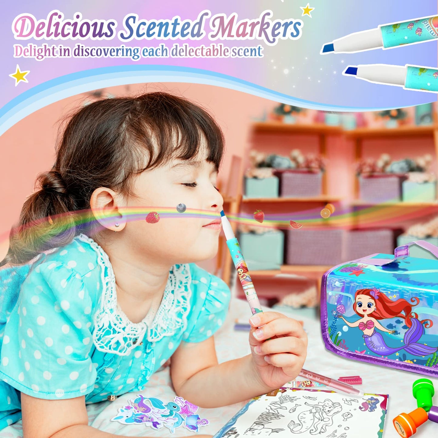 weirtoya 56 PCS Washable Scented Markers Set with Glitter Case – Mermaid Unicorn Art Kit for Kids 4-8