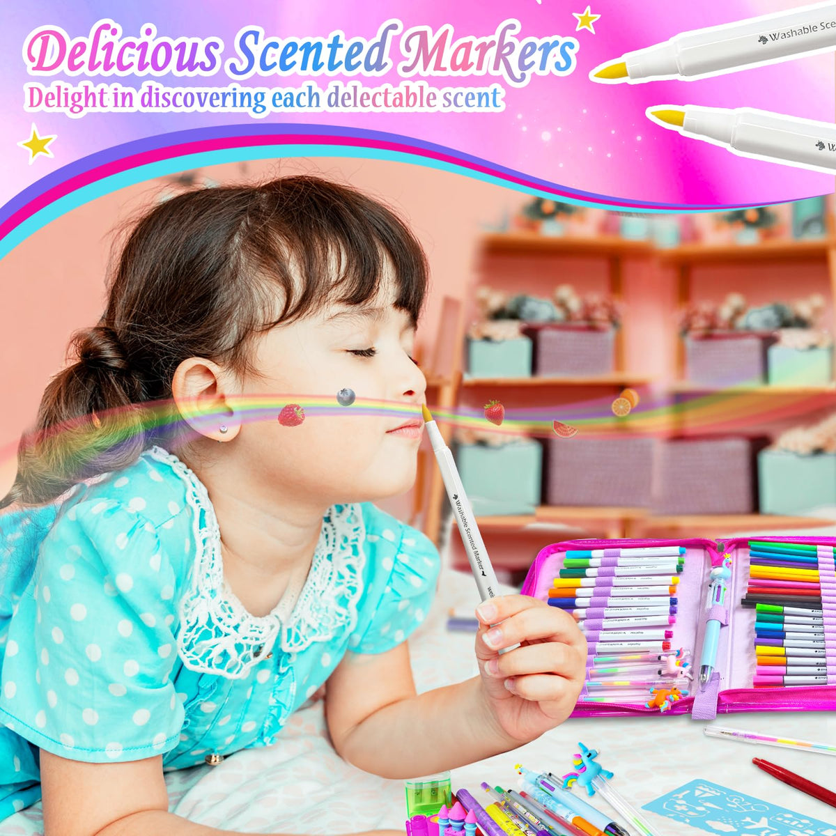 Weirtoya 53 PCS Washable Scented Markers Set — Mermaid Unicorn Art Kit for Kids 4-8, Glitter Pencil Case
