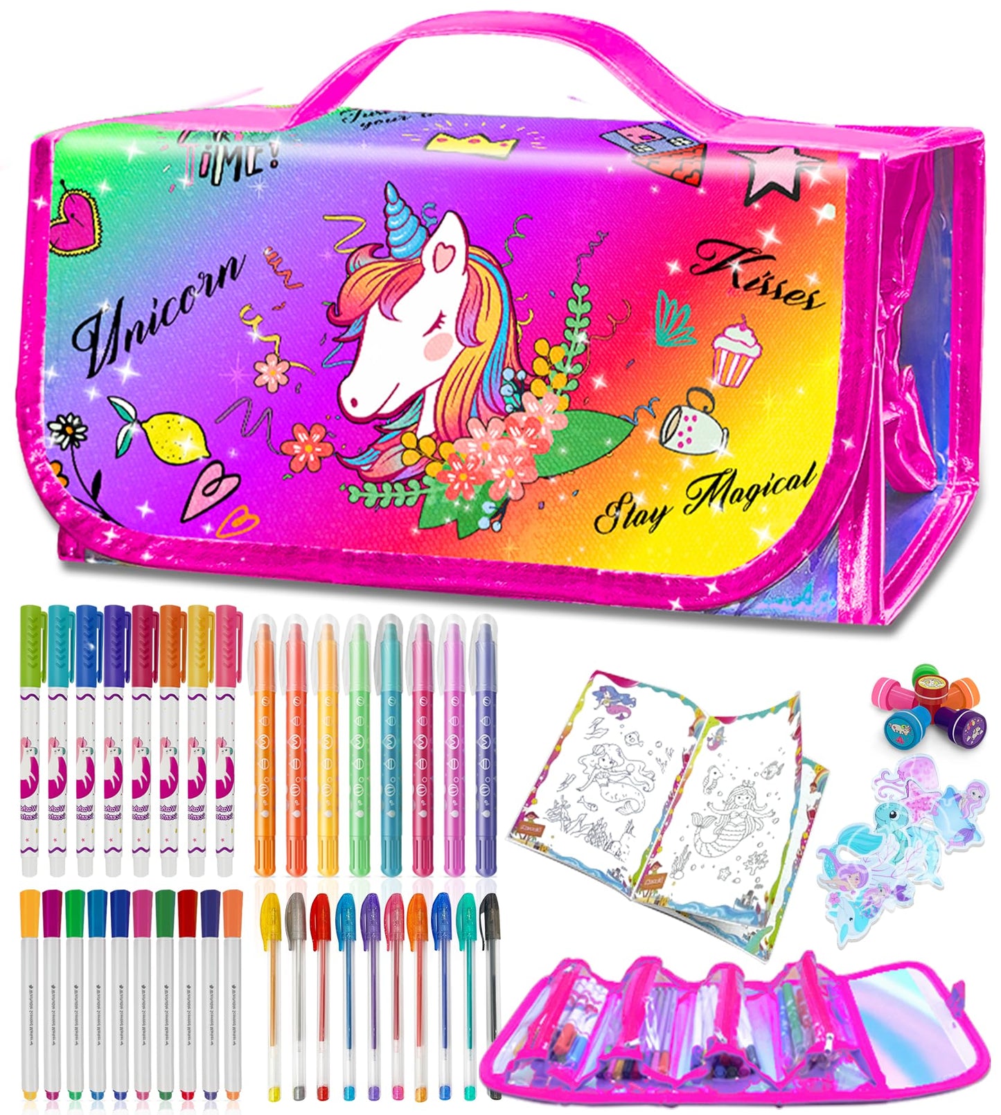 weirtoya 56 PCS Washable Scented Markers with Glitter Pencil Case – Mermaid Unicorn Arts & Crafts Kit for Kids 4-8