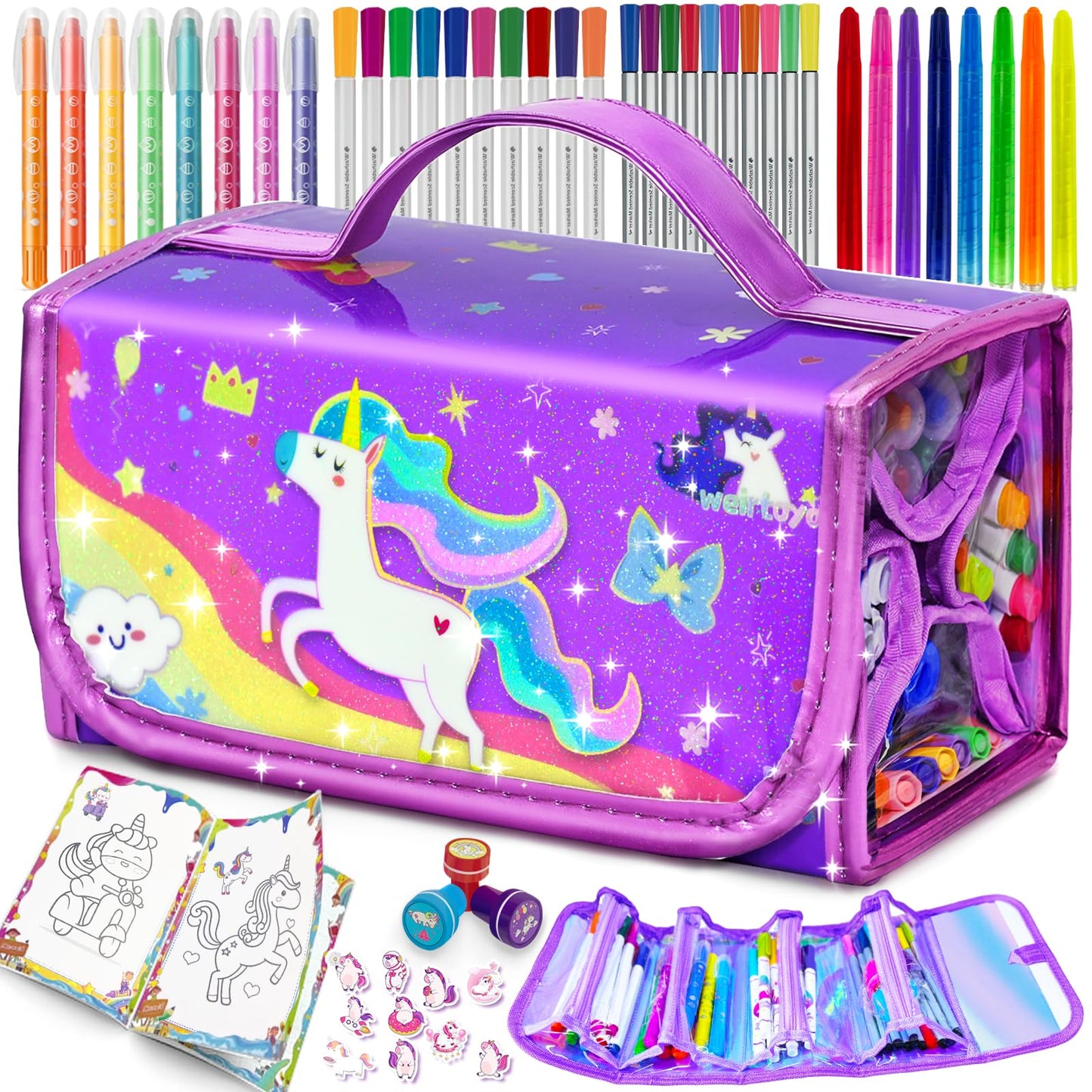Weirtoya 56 PCS Washable Scented Markers Set with Glitter Pencil Case – Mermaid Unicorn Arts & Crafts Kit for Kids 4-8