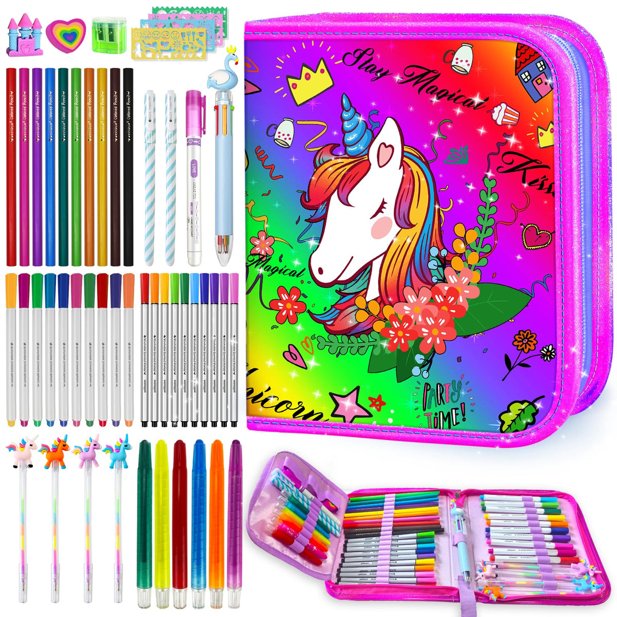 Weirtoya 53 PCS Washable Scented Markers Set — Mermaid Unicorn Art Kit for Kids 4-8, Glitter Pencil Case