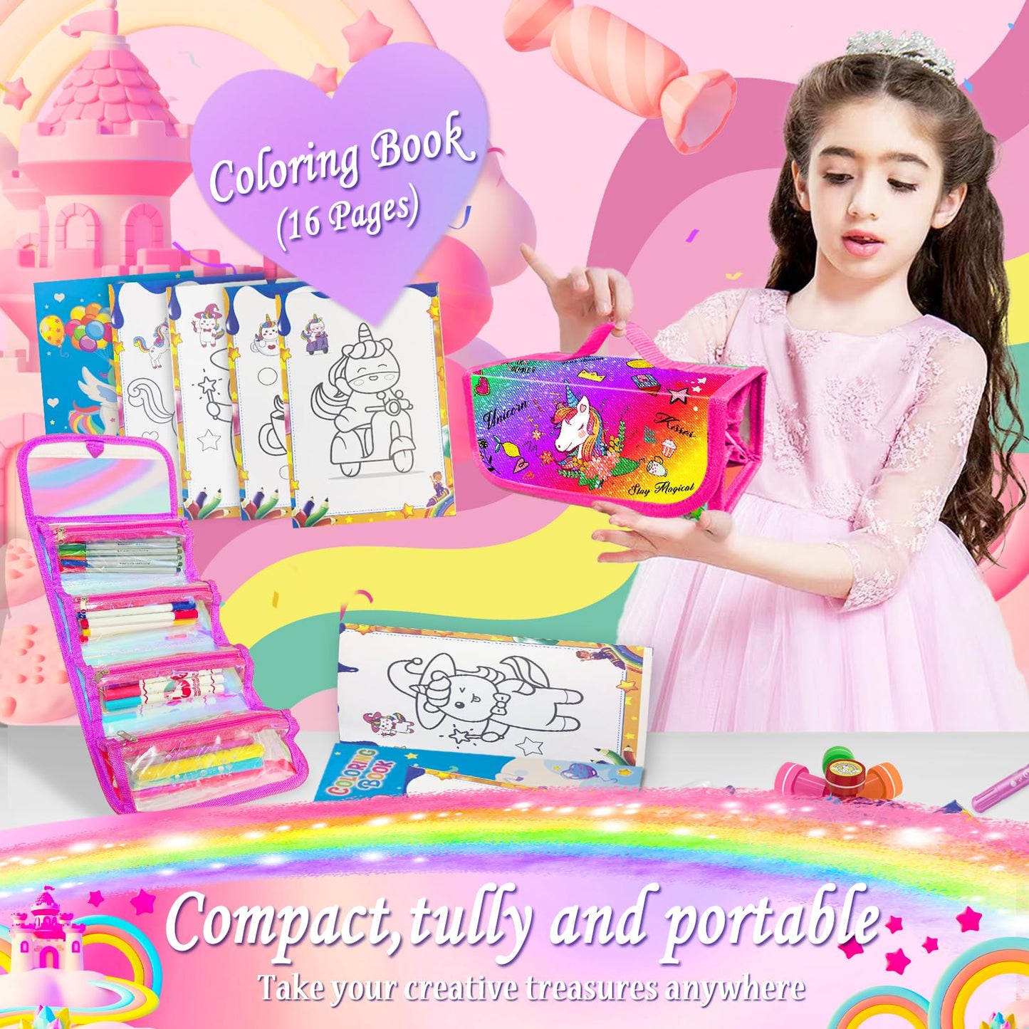 weirtoya 56 PCS Washable Scented Markers with Glitter Pencil Case – Mermaid Unicorn Arts & Crafts Kit for Kids 4-8